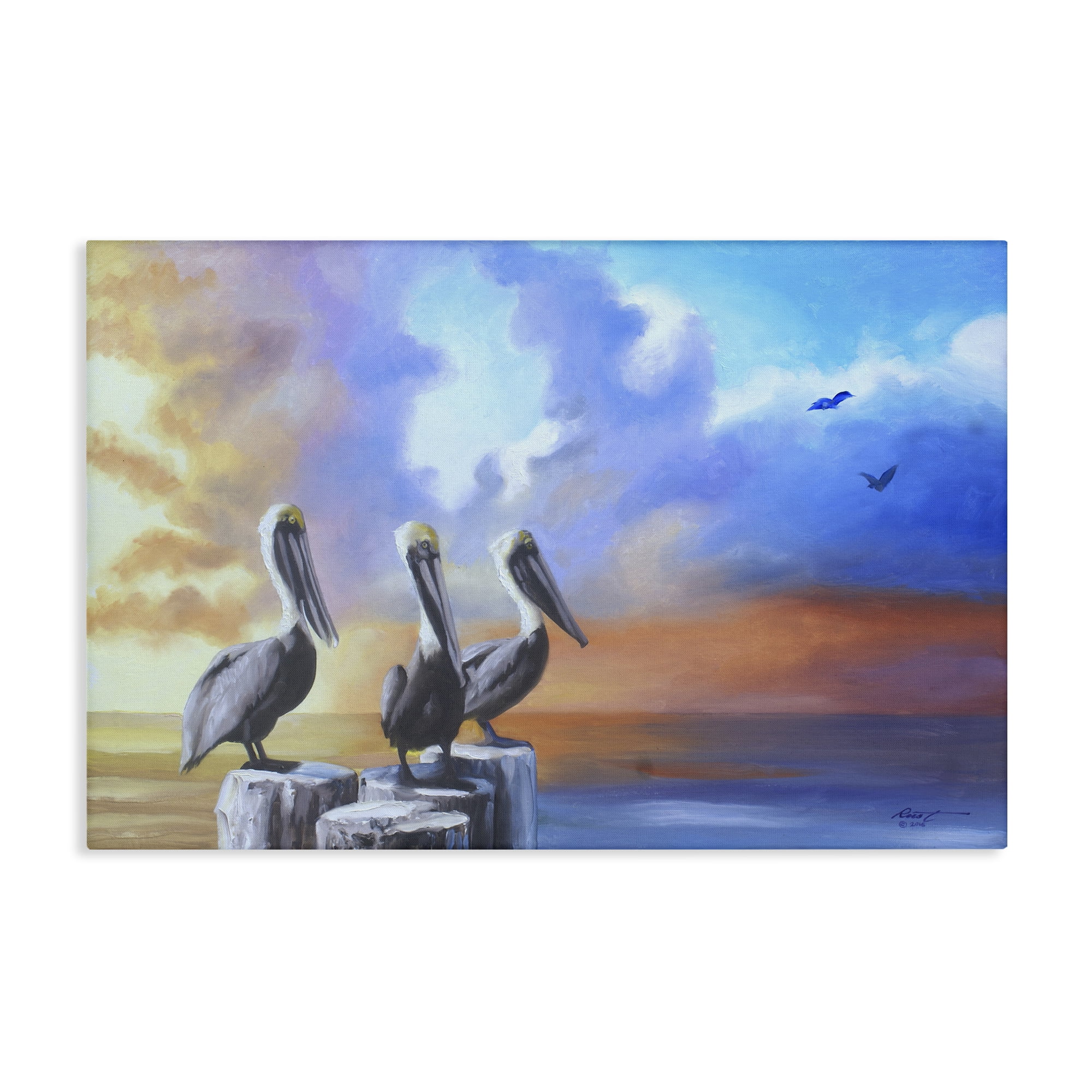 Stupell Industries Vivid Pelican Trio Landscape Painting Gallery Wrapped Canvas Art Print Wall Art, 36 x 24