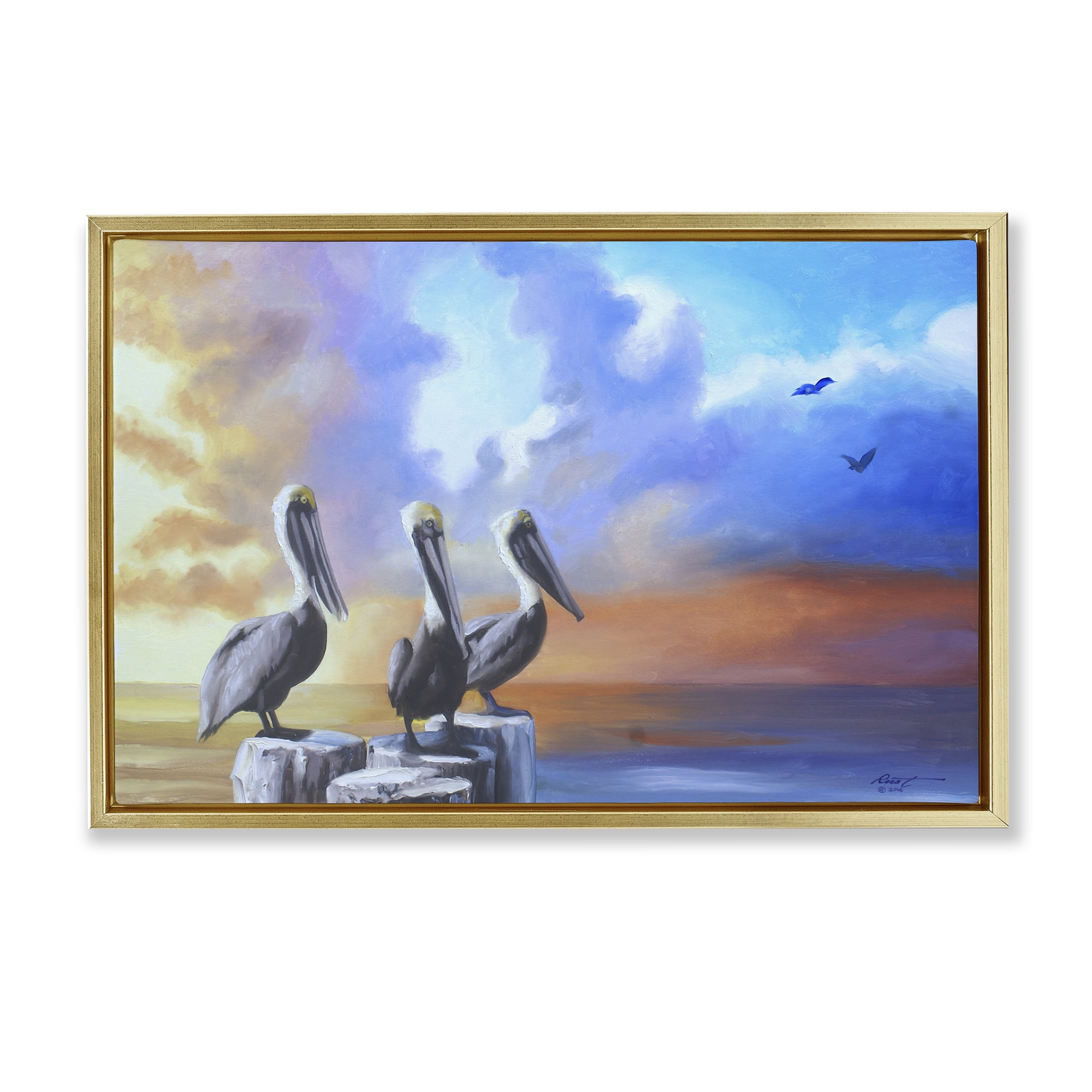 Stupell Industries Vivid Pelican Trio Landscape Painting Gold Floater Framed Canvas Art Print Wall Art, 31 x 21