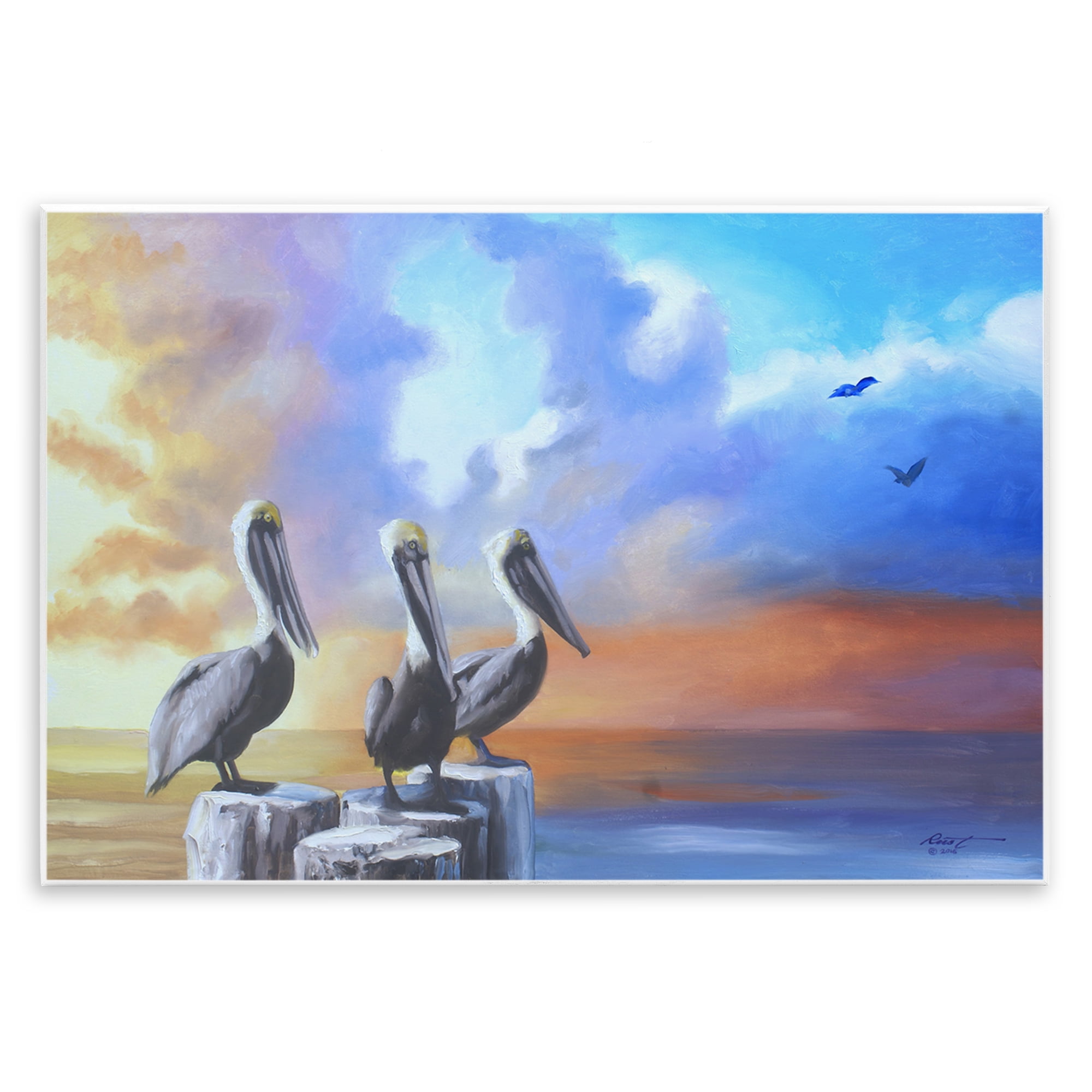 Stupell Industries Vivid Pelican Trio Landscape Painting Unframed Art Print Wall Art, 19 x 13
