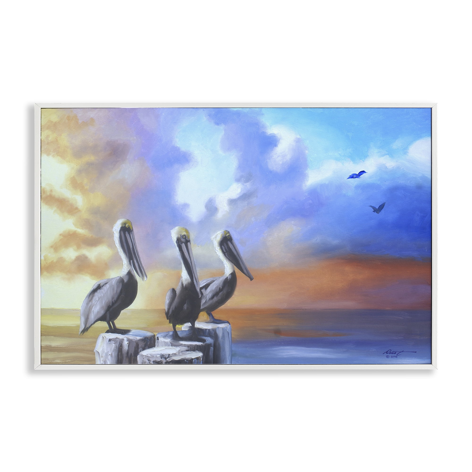 Stupell Industries Vivid Pelican Trio Landscape Painting White Framed Art Print Wall Art, 18 x 12