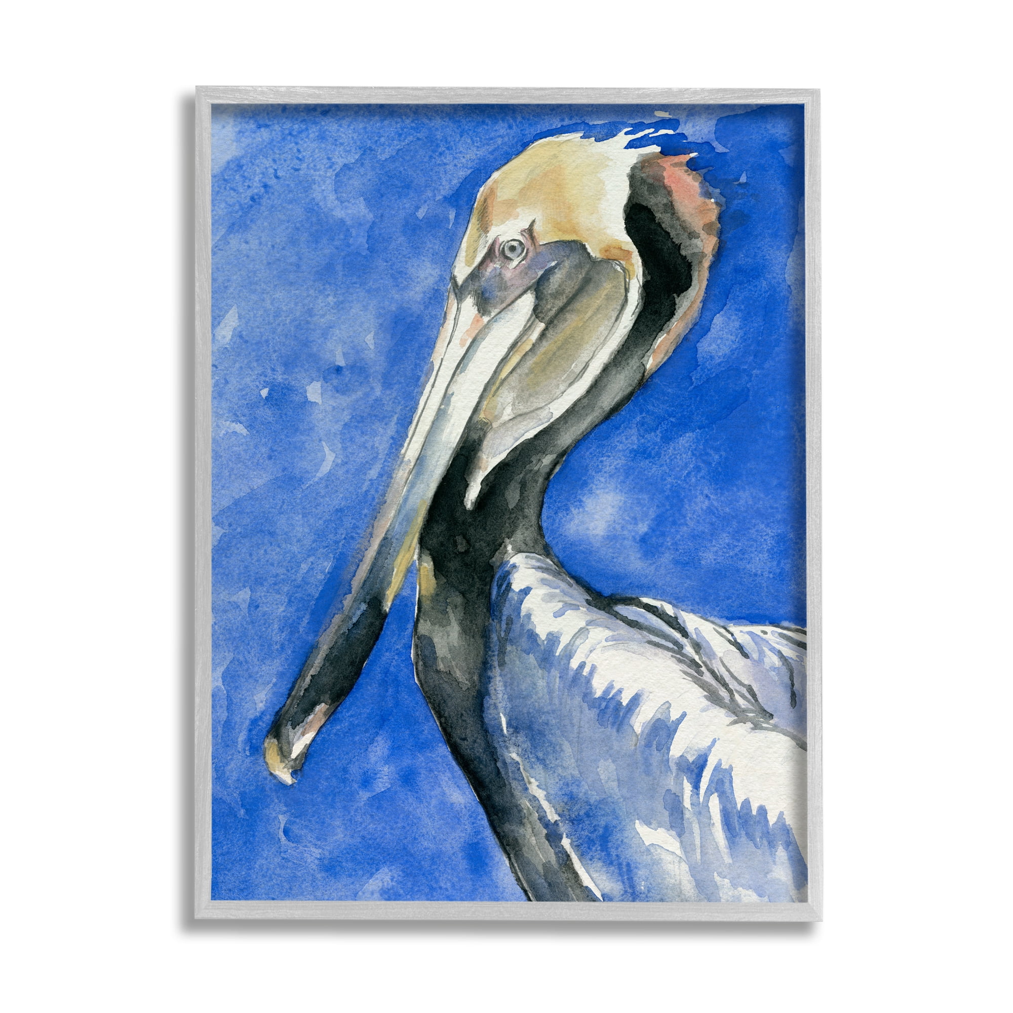 Stupell Industries Vivid Pelican Wildlife Bird Blue Watercolor Detail Painting Gray Framed Art Print Wall Art, Design by Jennifer Paxton Parker