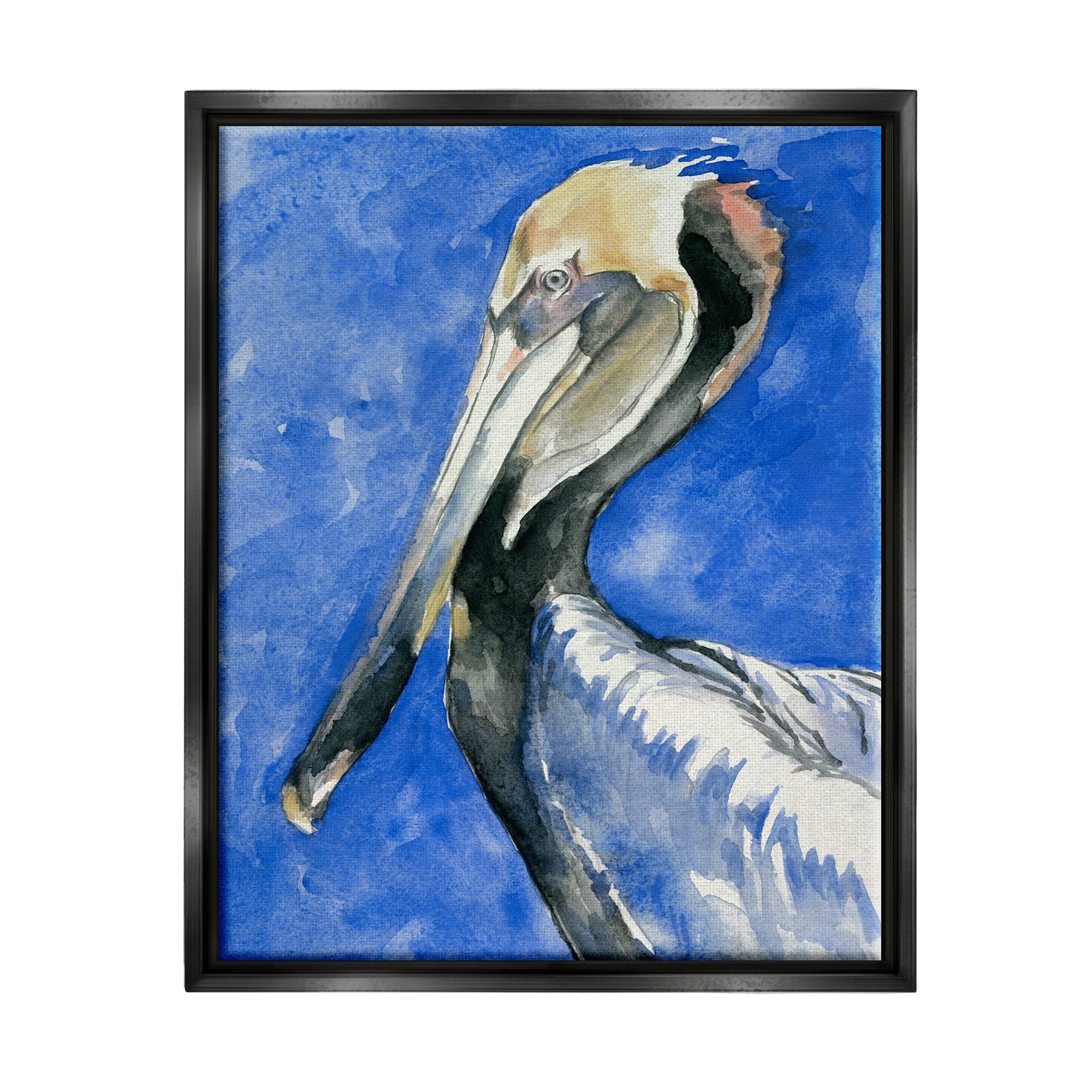 Stupell Industries Vivid Pelican Wildlife Bird Blue Watercolor Detail Painting Jet Black Floating Framed Canvas Print Wall Art, Design by Jennifer Paxton Parker