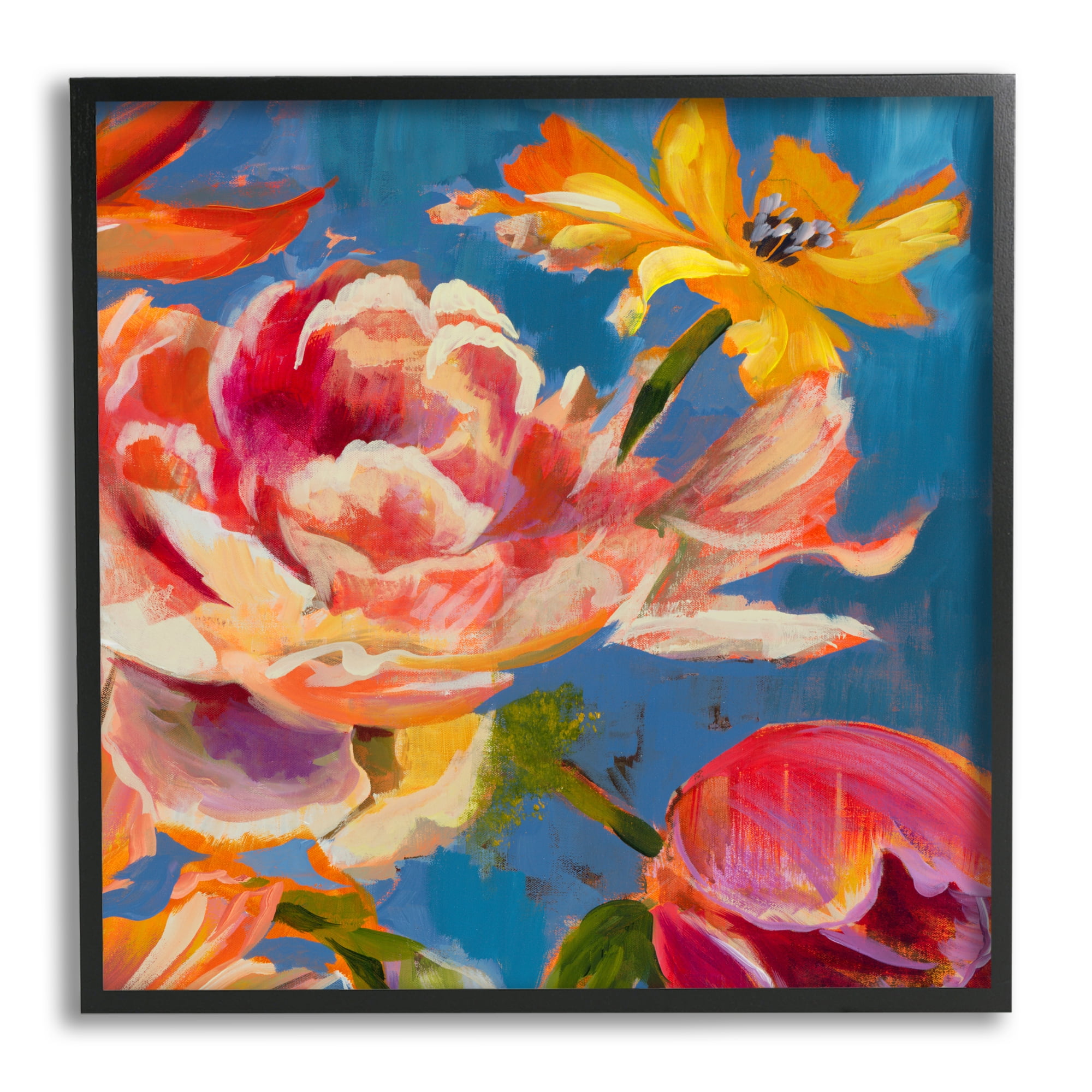 Stupell Industries Vivid Peonies on Blue Botanical & Floral Painting Black Framed Art Print Wall Art, 24 x 24