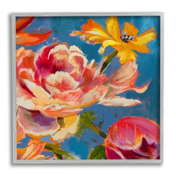 Stupell Industries Vivid Peonies on Blue Botanical & Floral Painting Gray Framed Art Print Wall Art, 12 x 12