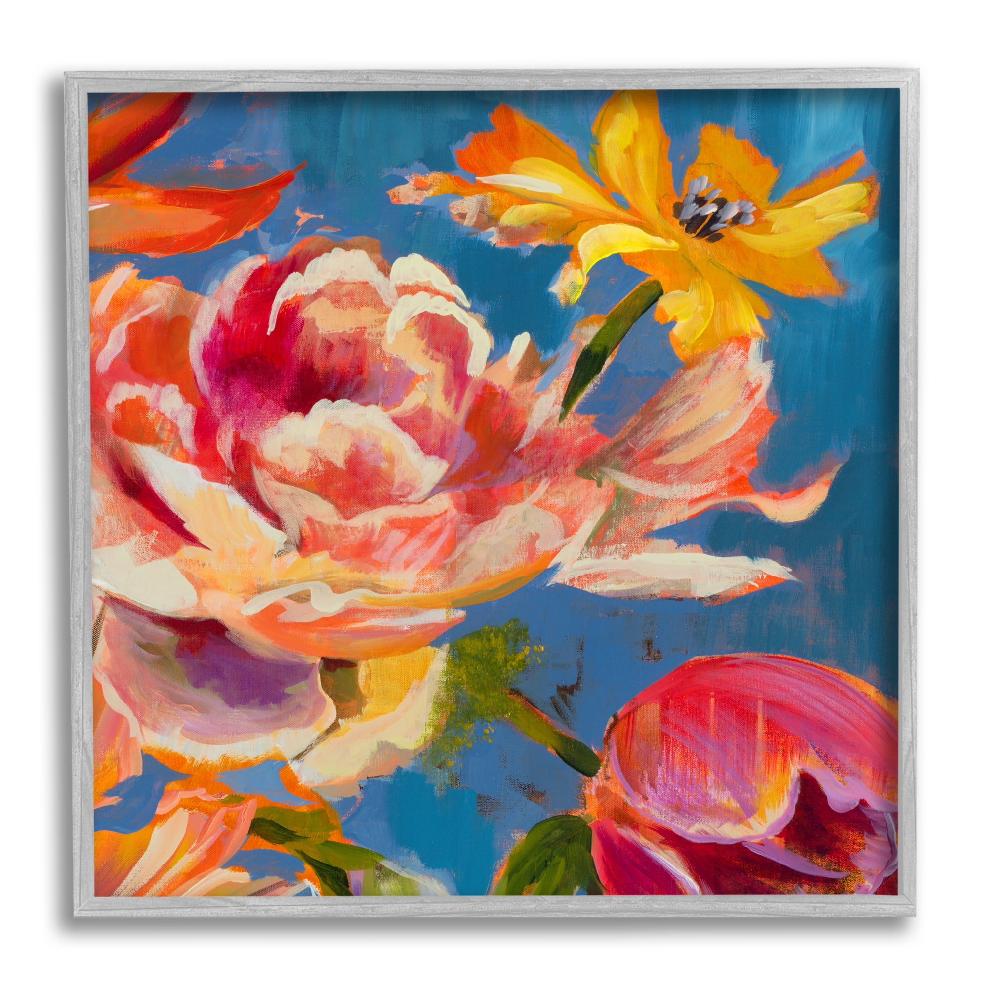 Stupell Industries Vivid Peonies on Blue Botanical & Floral Painting Gray Framed Art Print Wall Art, 24 x 24