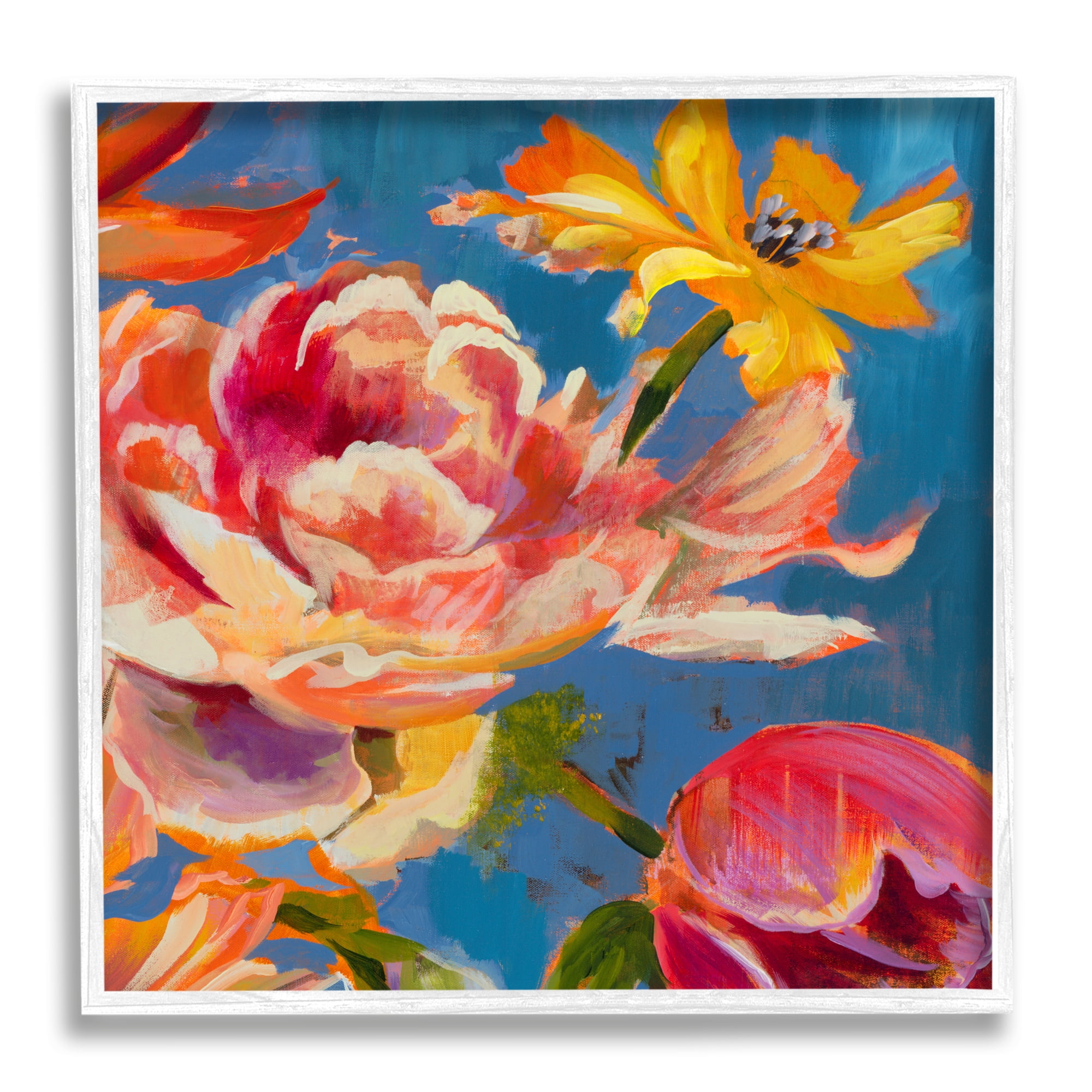 Stupell Industries Vivid Peonies on Blue Botanical & Floral Painting White Framed Art Print Wall Art, 24 x 24