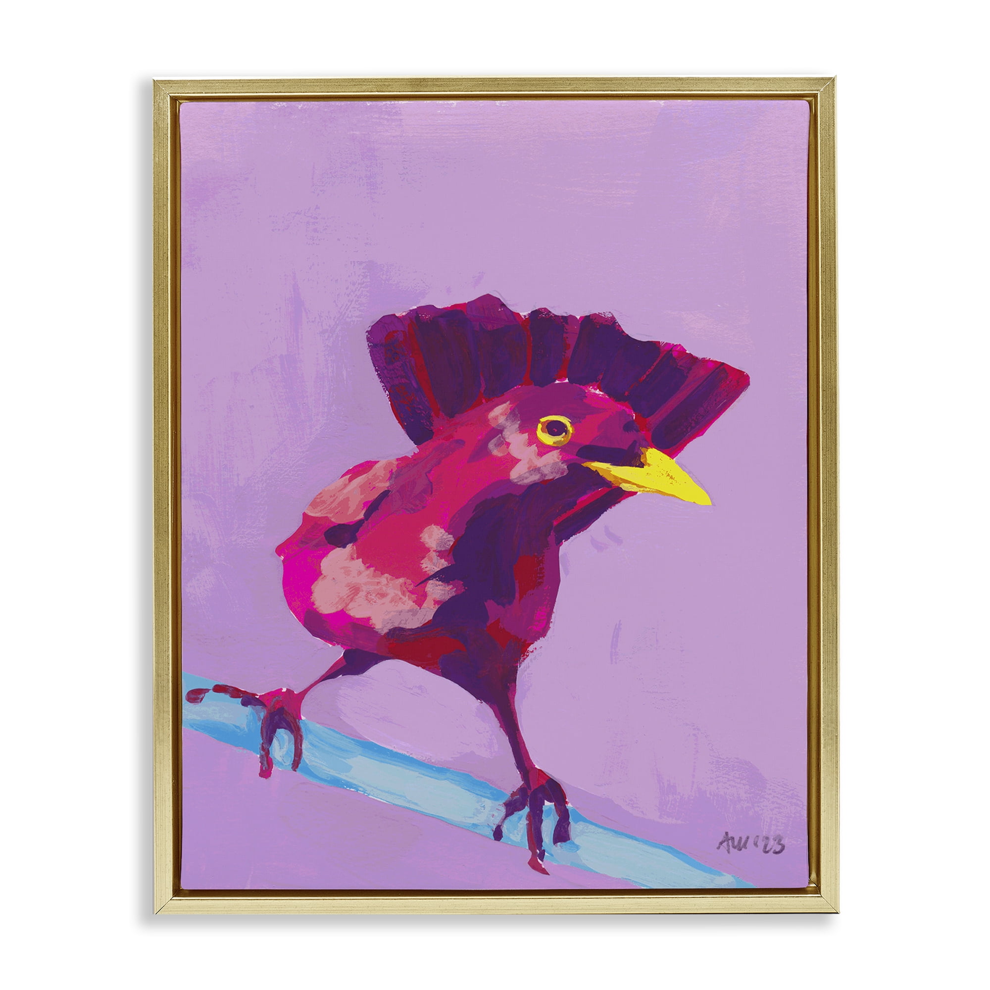 Stupell Industries Vivid Perched Bird Animals Painting Gold Floater Framed Canvas Art Print Wall Art, 25 x 31