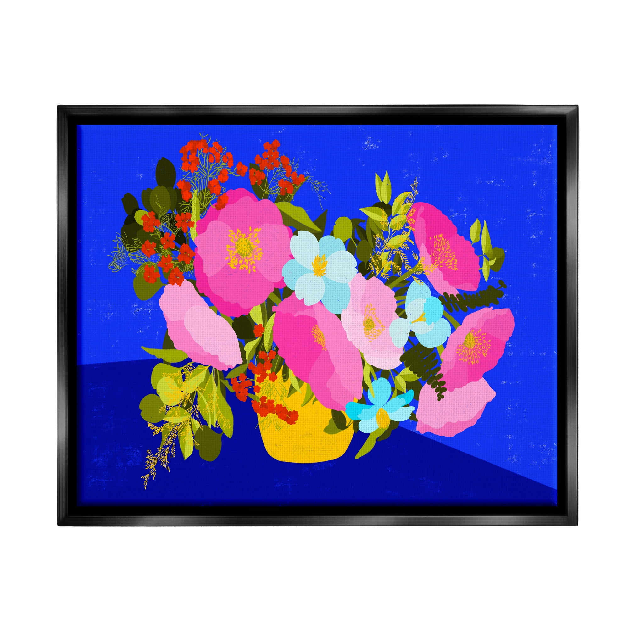 Stupell Industries Vivid Pink & Blue Bouquet Botanical & Floral Painting Black Floater Framed Canvas Art Print Wall Art, 31 x 25