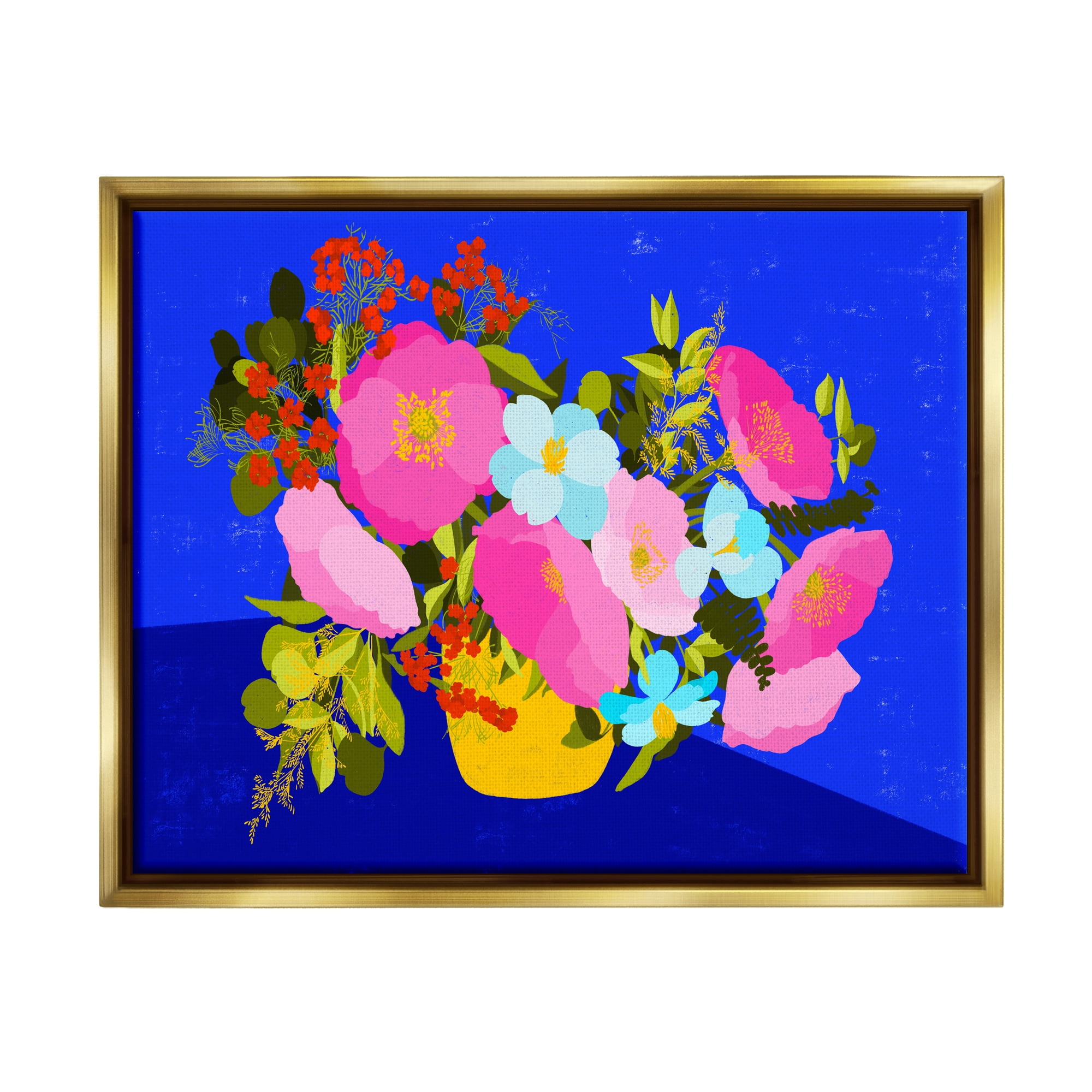 Stupell Industries Vivid Pink & Blue Bouquet Botanical & Floral Painting Gold Floater Framed Canvas Art Print Wall Art, 31 x 25