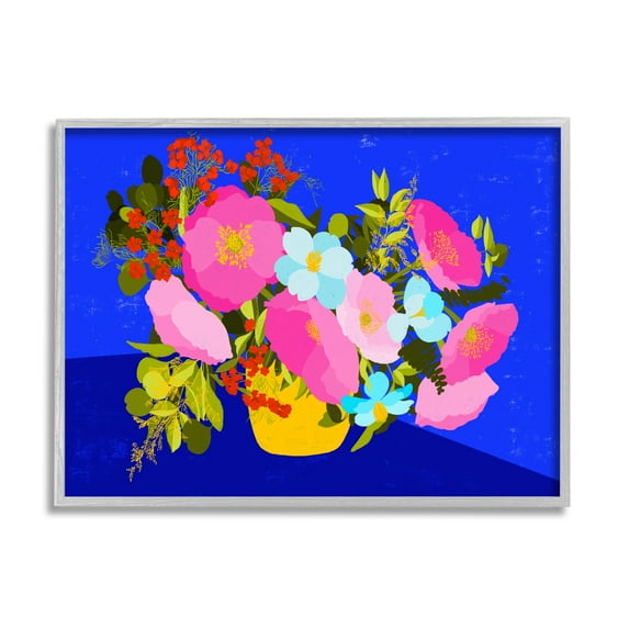Stupell Industries Vivid Pink & Blue Bouquet Botanical & Floral Painting Gray Framed Art Print Wall Art, 20 x 16