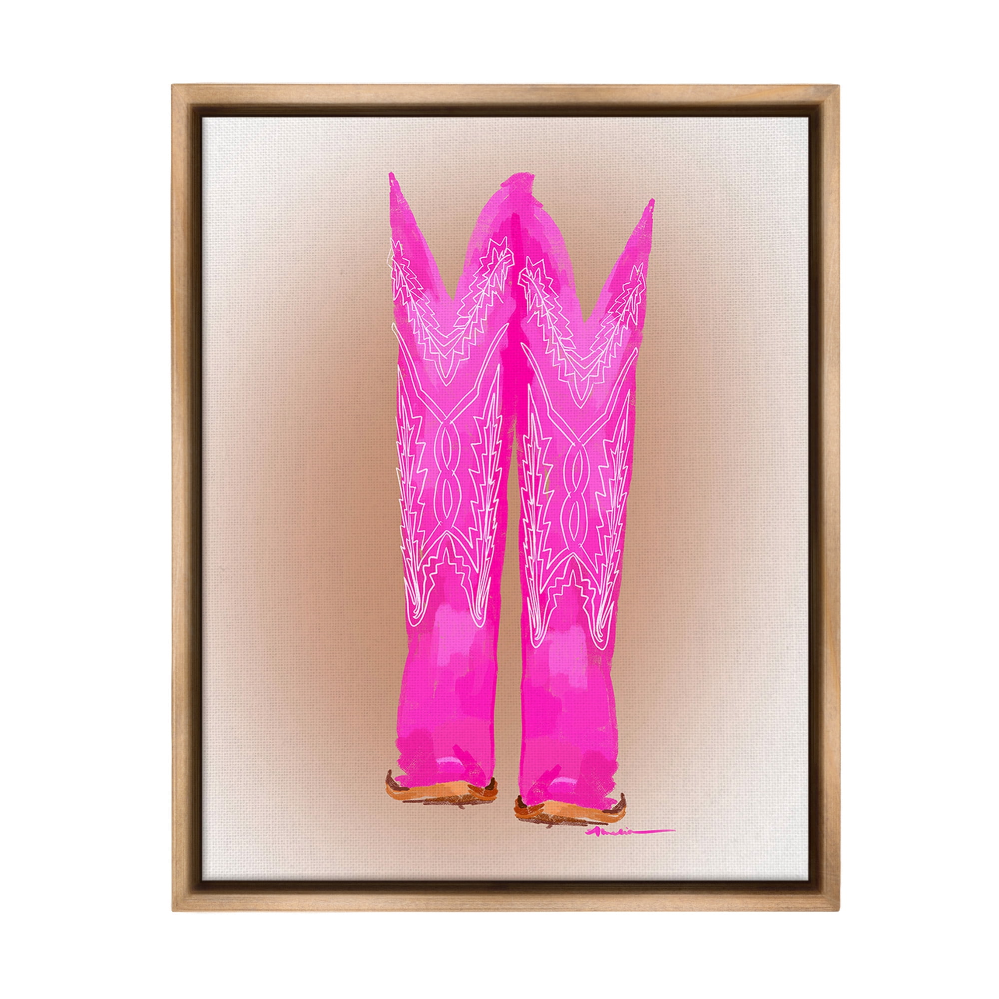 Stupell Industries Vivid Pink Cowgirl Boots Beauty & Fashion Painting Brown Floater Framed Canvas Art Print Wall Art, 25 x 31