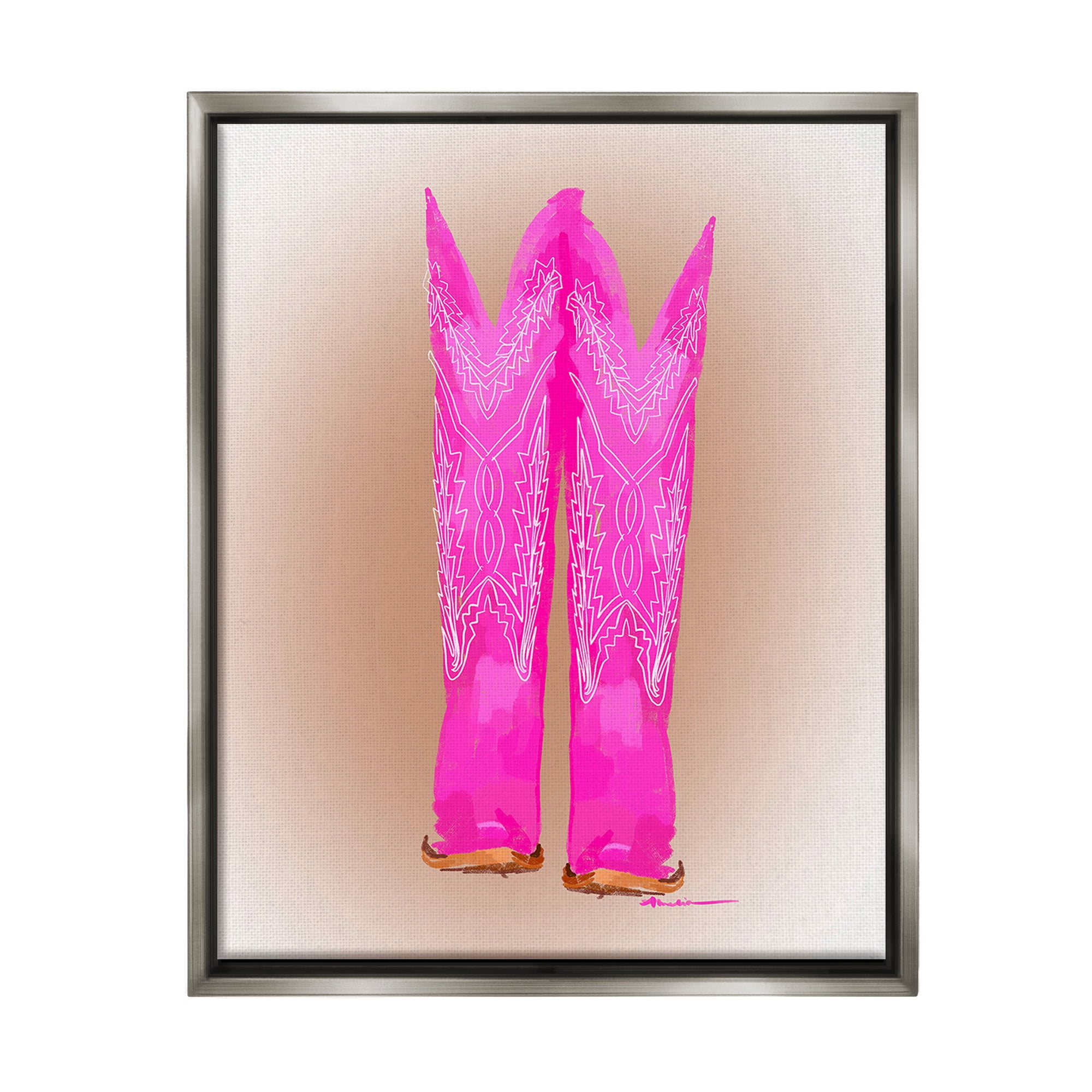 Stupell Industries Vivid Pink Cowgirl Boots Beauty & Fashion Painting Gray Floater Framed Canvas Art Print Wall Art, 25 x 31