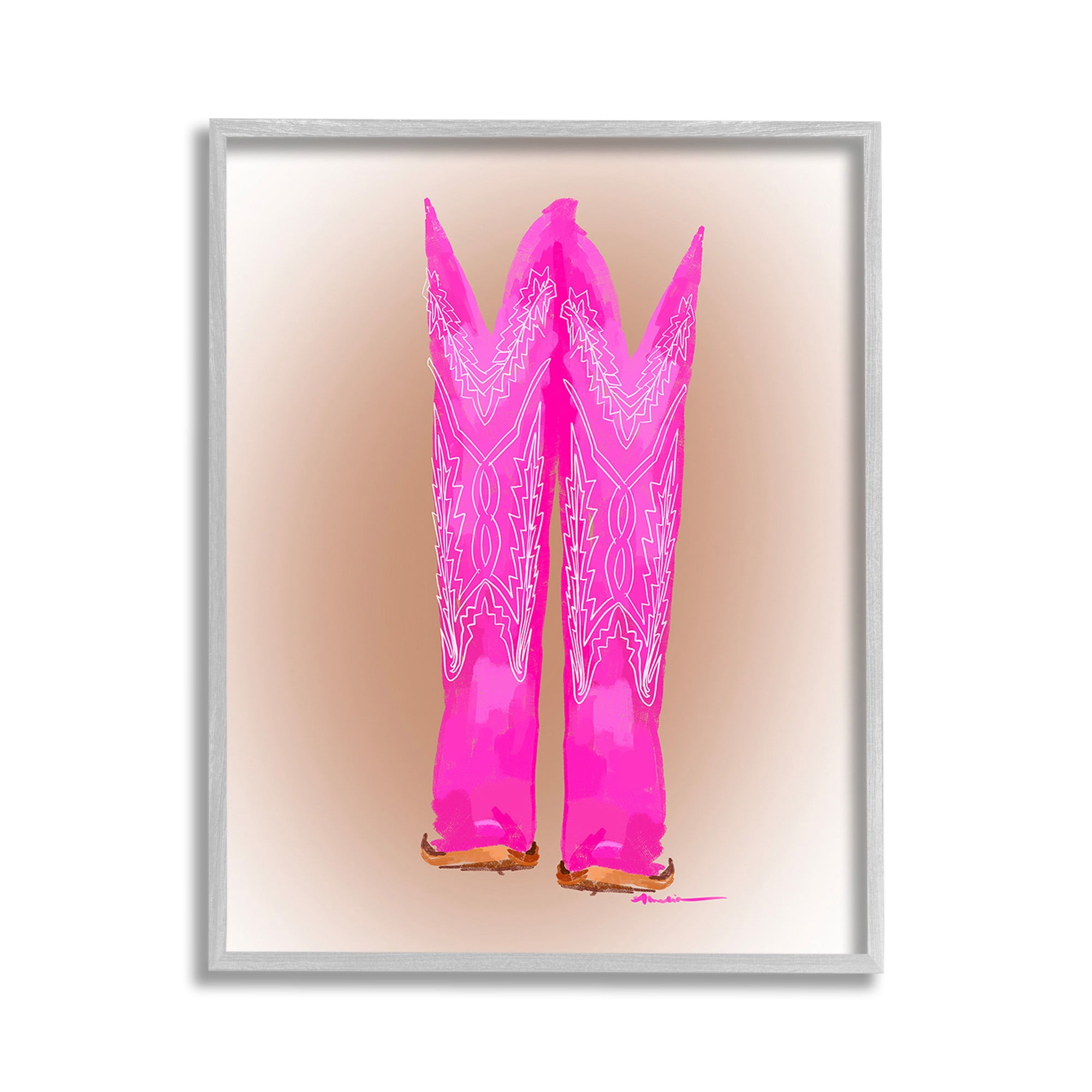 Stupell Industries Vivid Pink Cowgirl Boots Beauty & Fashion Painting Gray Framed Art Print Wall Art, 11 x 14