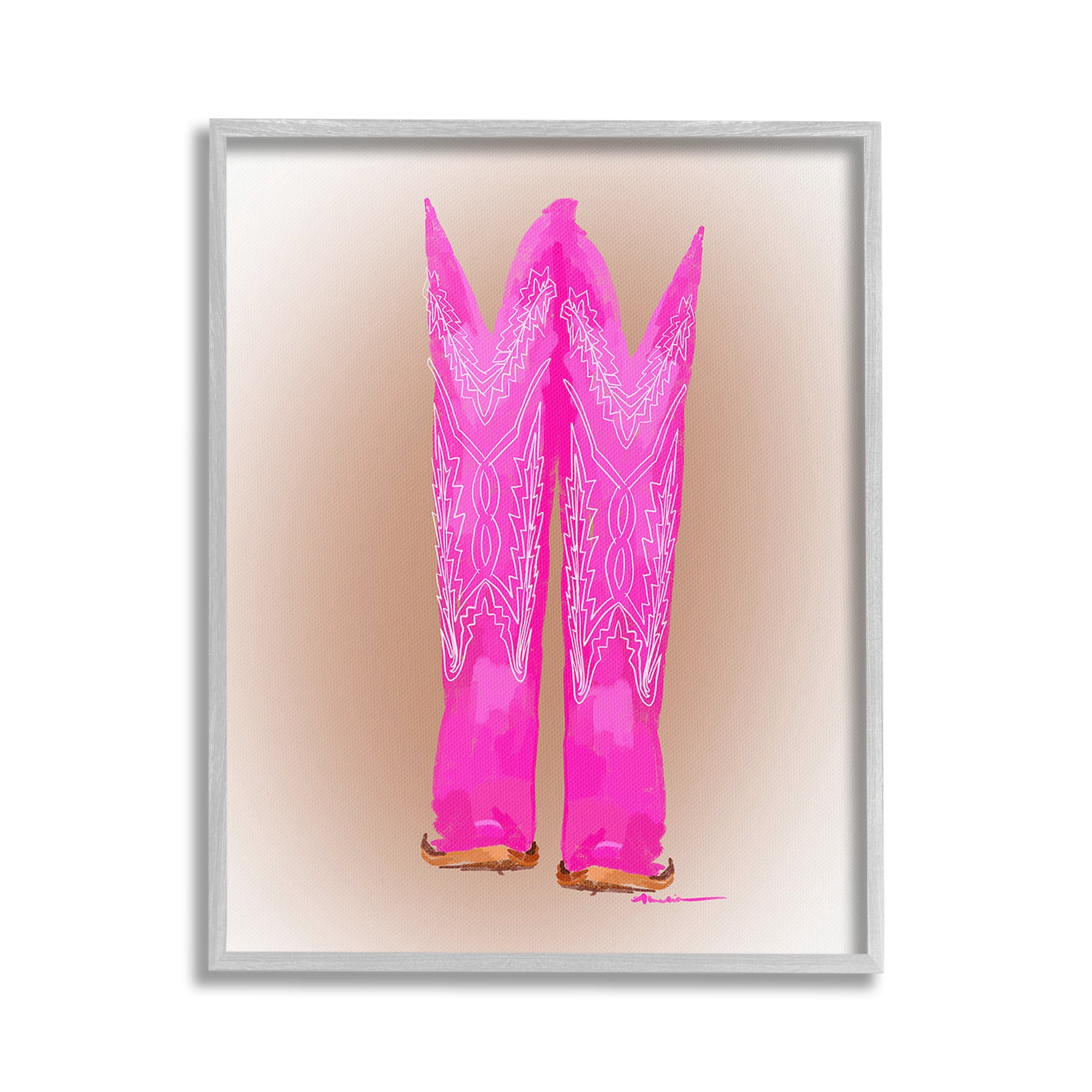 Stupell Industries Vivid Pink Cowgirl Boots Beauty & Fashion Painting Gray Framed Art Print Wall Art, 16 x 20