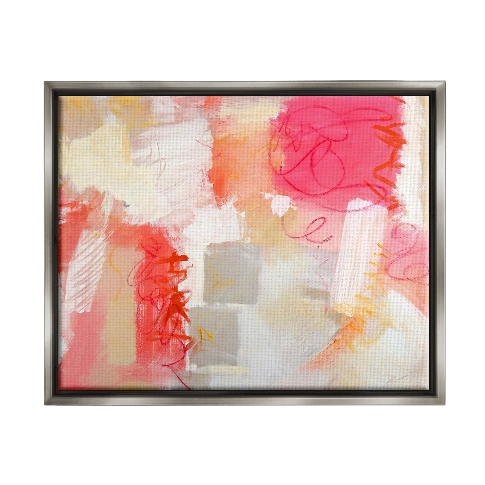 Stupell Industries Vivid Pink Geometric Shapes Scribble Doodle Lines Painting Luster Gray Floating Framed Canvas Print Wall Art, Design by Beau Wild