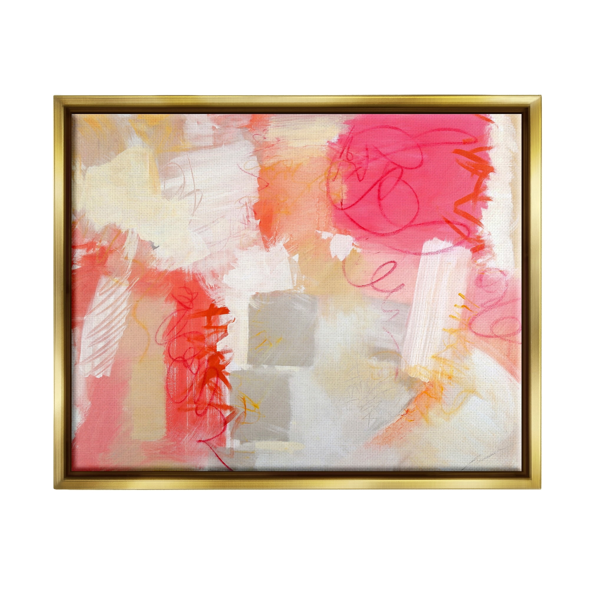 Stupell Industries Vivid Pink Geometric Shapes Scribble Doodle Lines Painting Metallic Gold Floating Framed Canvas Print Wall Art, Design by Beau Wild