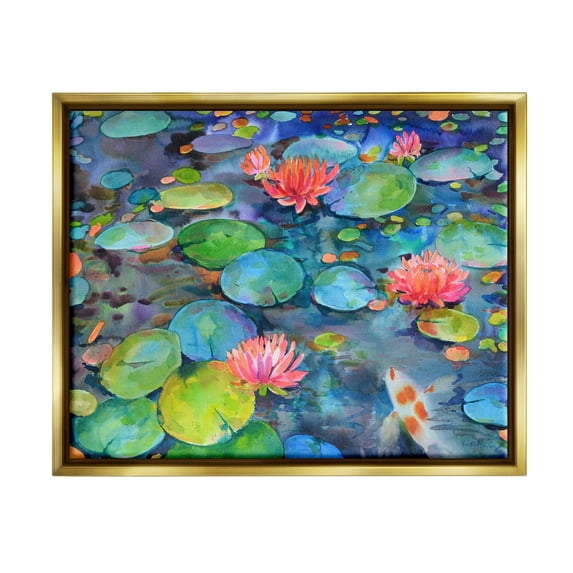 Stupell Industries Vivid Pond Lily Lotus Blossom Koi Fish Pond Painting Metallic Gold Floating Framed Canvas Print Wall Art, Design by Marietta Cohen Art and Design