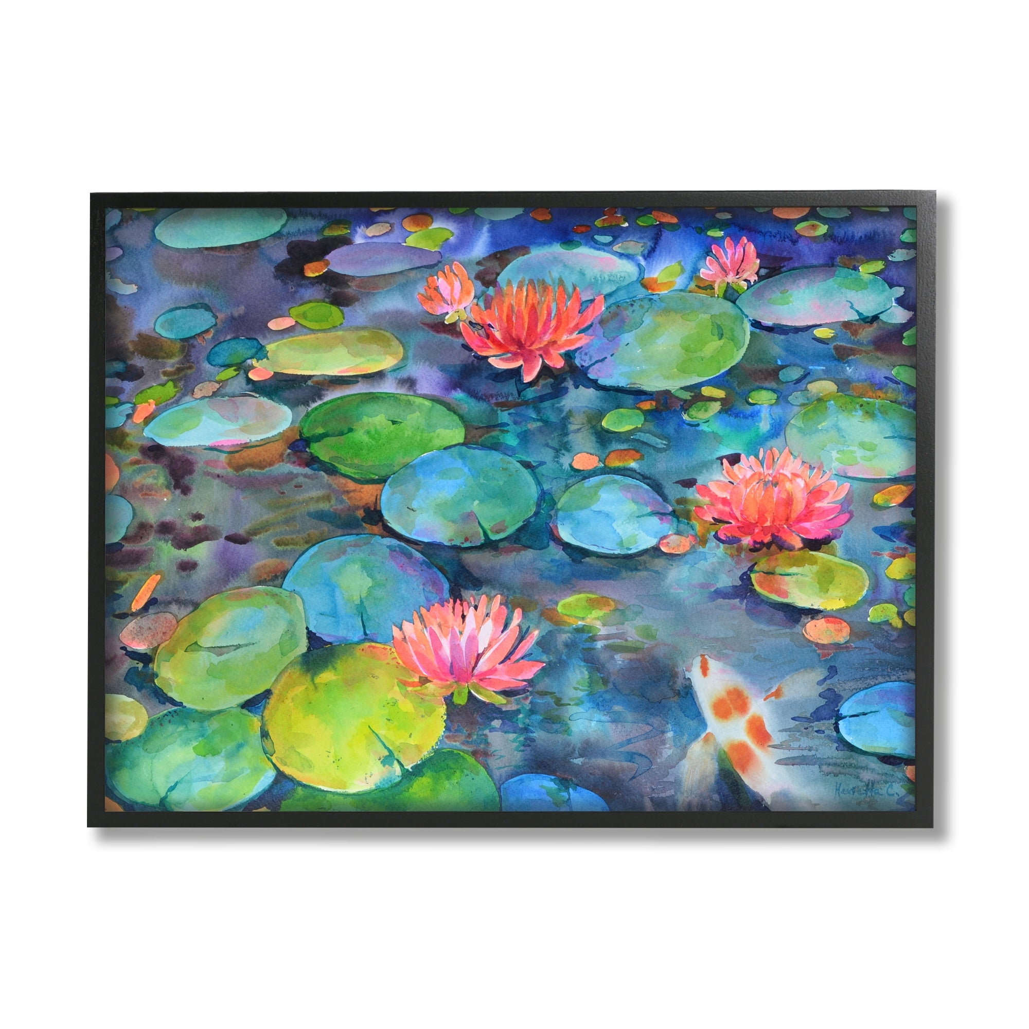 Stupell Industries Vivid Pond Lily Lotus Blossom Koi Fish Pond Painting Black Framed Art Print Wall Art, Design by Marietta Cohen Art and Design