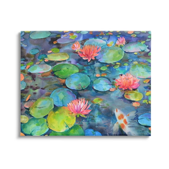 Stupell Industries Vivid Pond Lily Lotus Blossom Koi Fish Pond Painting Gallery Wrapped Canvas Print Wall Art, Design by Marietta Cohen Art and Design