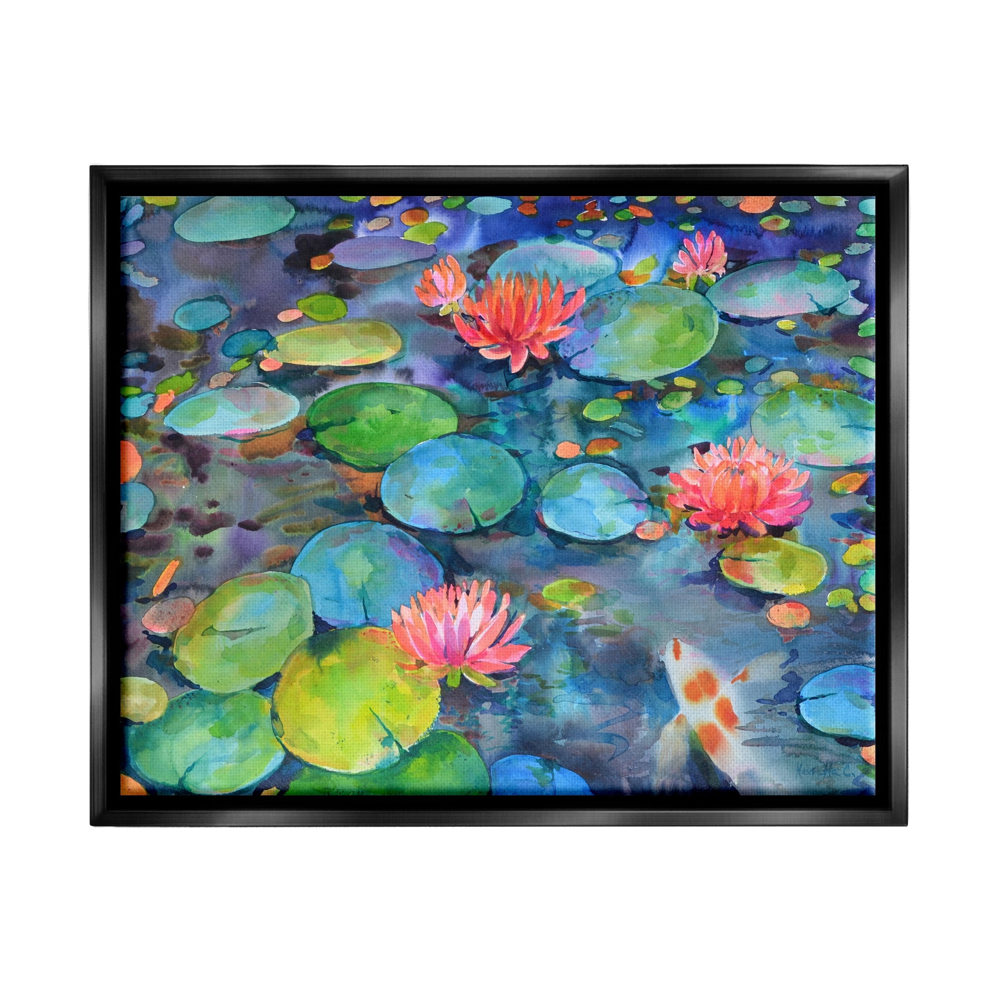 Stupell Industries Vivid Pond Lily Lotus Blossom Koi Fish Pond Painting Jet Black Floating Framed Canvas Print Wall Art, Design by Marietta Cohen Art and Design