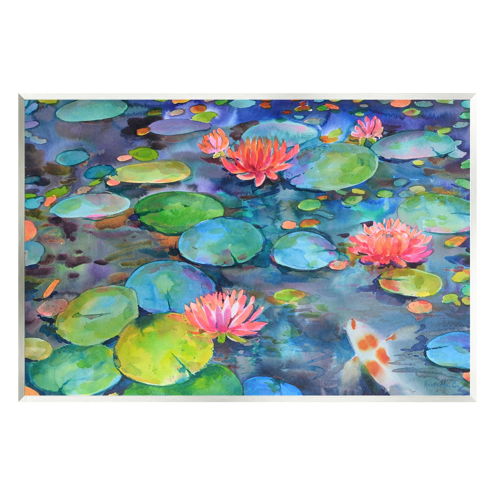 Stupell Industries Vivid Pond Lily Lotus Blossom Koi Fish Pond Painting Unframed Art Print Wall Art, Design by Marietta Cohen Art and Design