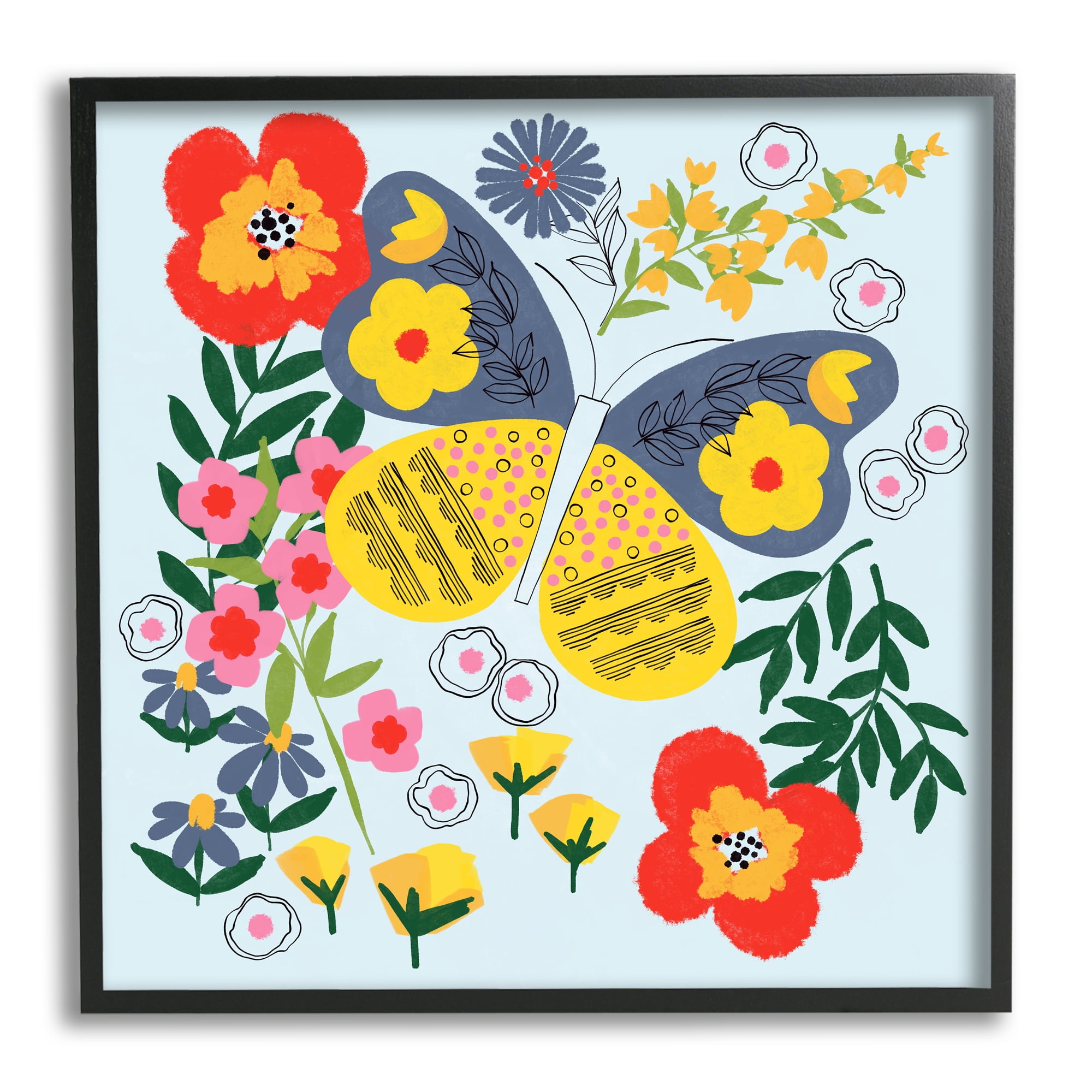 Stupell Industries Vivid Poppies & Butterfly Animals & Insects Painting Black Framed Art Print Wall Art, 17 x 17