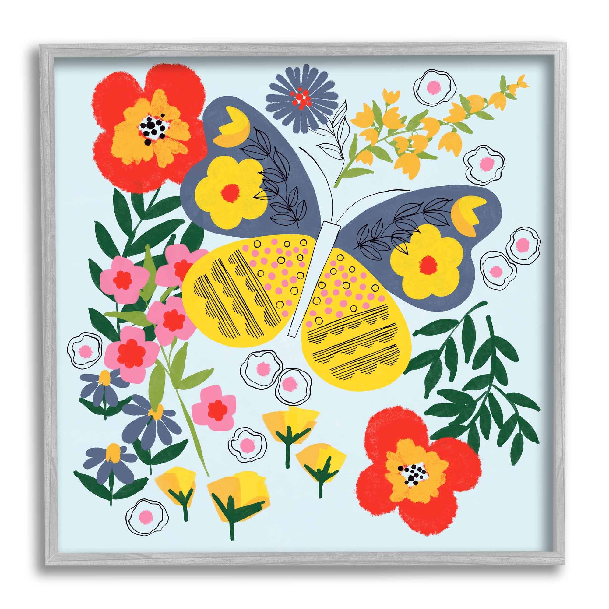 Stupell Industries Vivid Poppies & Butterfly Animals & Insects Painting Gray Framed Art Print Wall Art, 24 x 24