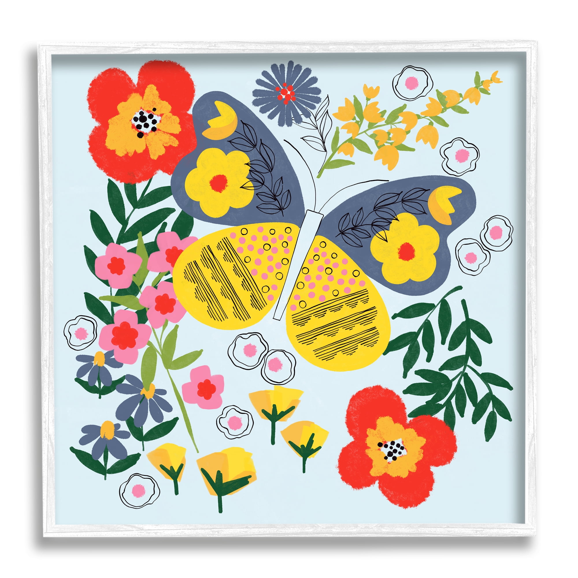 Stupell Industries Vivid Poppies & Butterfly Animals & Insects Painting White Framed Art Print Wall Art, 17 x 17