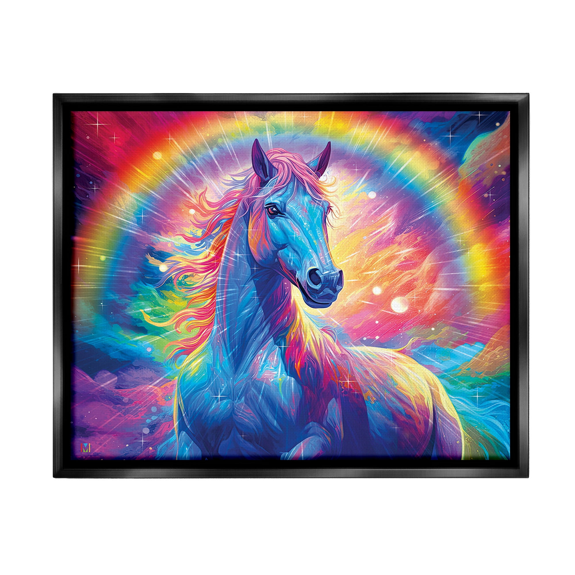 Stupell Industries Vivid Rainbow Horse Animals & Insects Painting Black Floater Framed Canvas Art Print Wall Art, 31 x 25