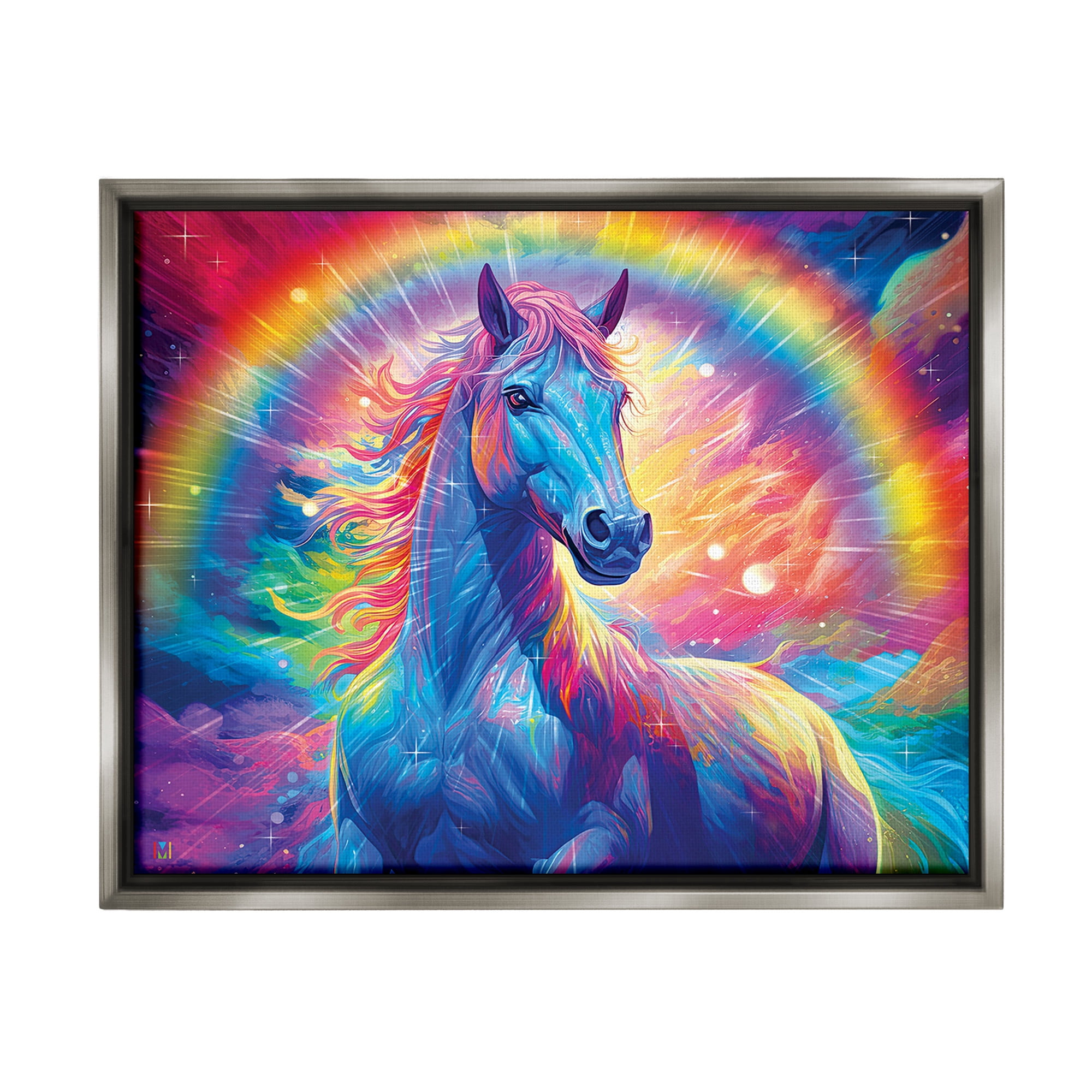 Stupell Industries Vivid Rainbow Horse Animals & Insects Painting Gray Floater Framed Canvas Art Print Wall Art, 31 x 25
