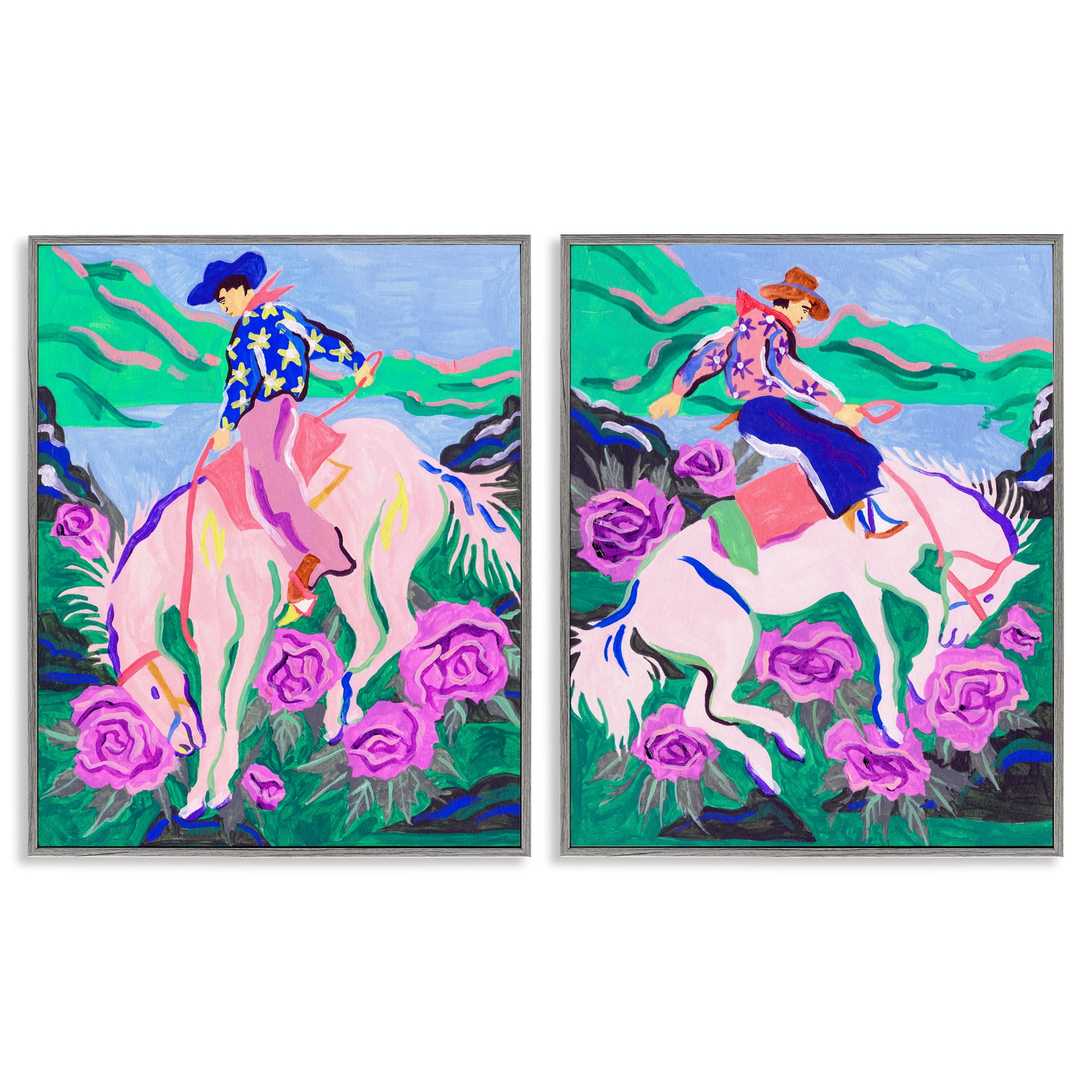 Stupell Industries Vivid Rearing Cowboys Entertainment Painting Gray Framed Art Print Wall Art, 16 x 20, Set of 2