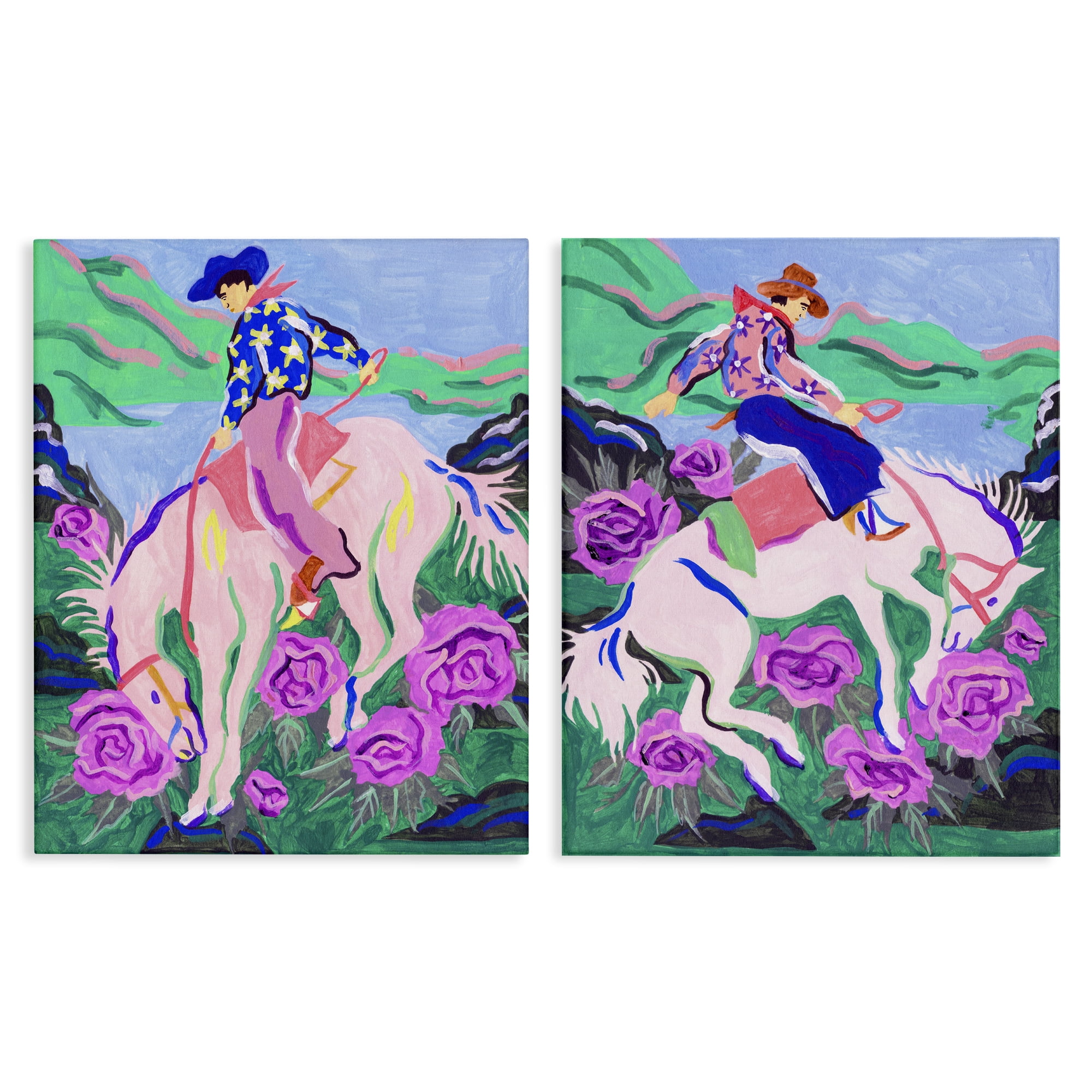Stupell Industries Vivid Rearing Cowboys Entertainment Painting Wrapped Canvas Art Print Wall Art, 16 x 20, Set of 2