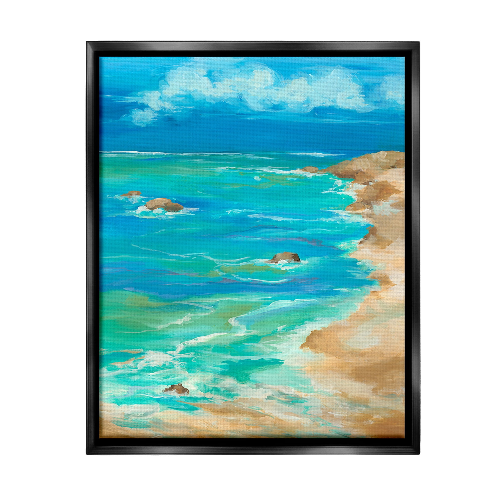 Stupell Industries Vivid Rocky Beach Cove Landscape Painting Black Floater Framed Canvas Art Print Wall Art, 17 x 21
