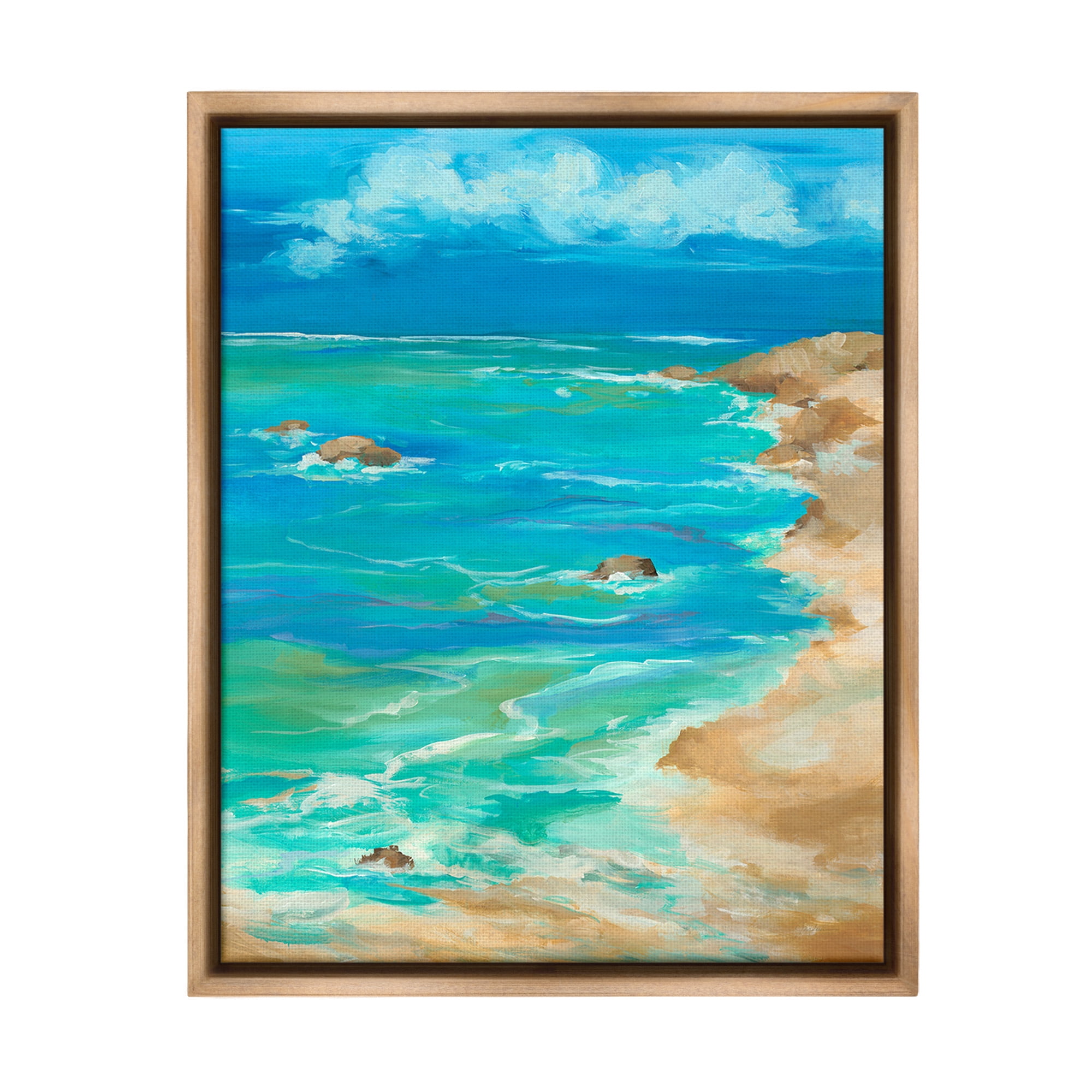 Stupell Industries Vivid Rocky Beach Cove Landscape Painting Brown Floater Framed Canvas Art Print Wall Art, 25 x 31