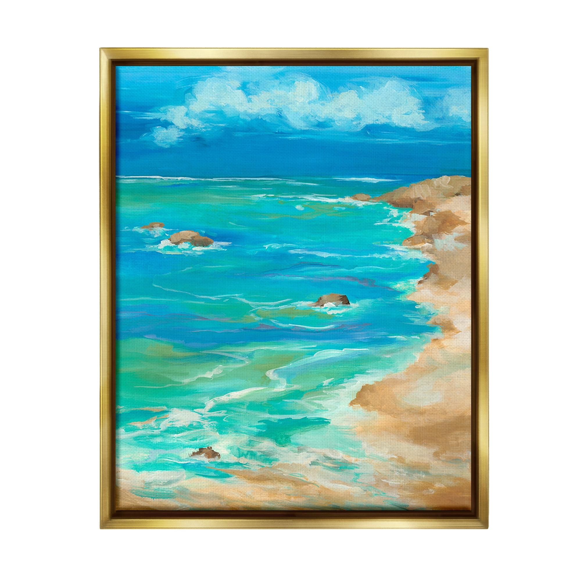 Stupell Industries Vivid Rocky Beach Cove Landscape Painting Gold Floater Framed Canvas Art Print Wall Art, 17 x 21