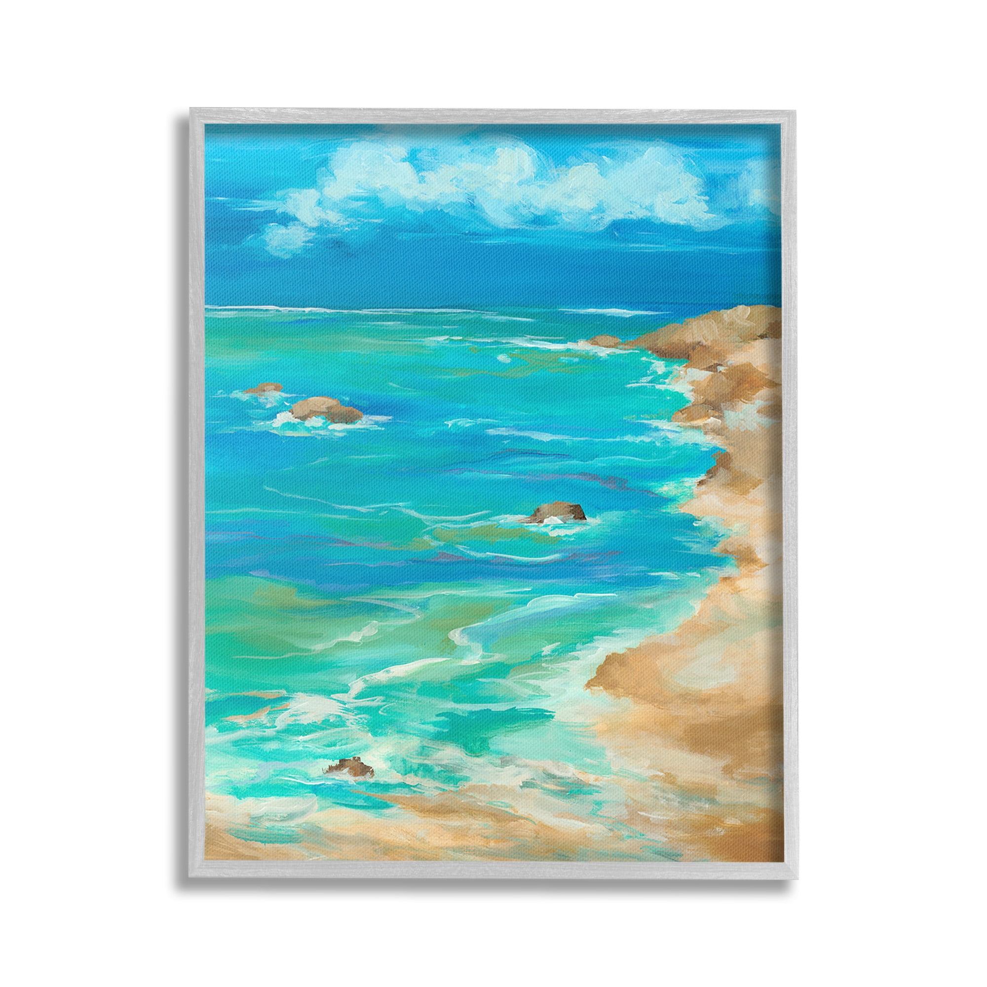 Stupell Industries Vivid Rocky Beach Cove Landscape Painting Gray Framed Art Print Wall Art, 24 x 30