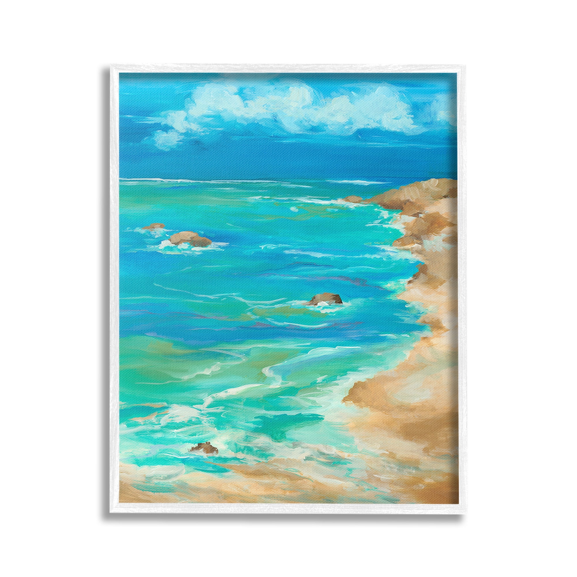 Stupell Industries Vivid Rocky Beach Cove Landscape Painting White Framed Art Print Wall Art, 24 x 30
