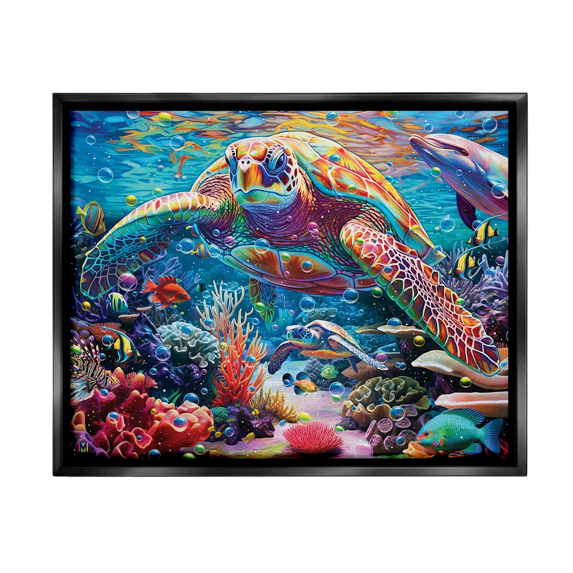Stupell Industries Vivid Sea Turtle & Reef Animals & Insects Painting Black Floater Framed Canvas Art Print Wall Art, 21 x 17
