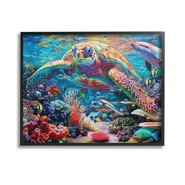 Stupell Industries Vivid Sea Turtle & Reef Animals & Insects Painting Black Framed Art Print Wall Art, 14 x 11
