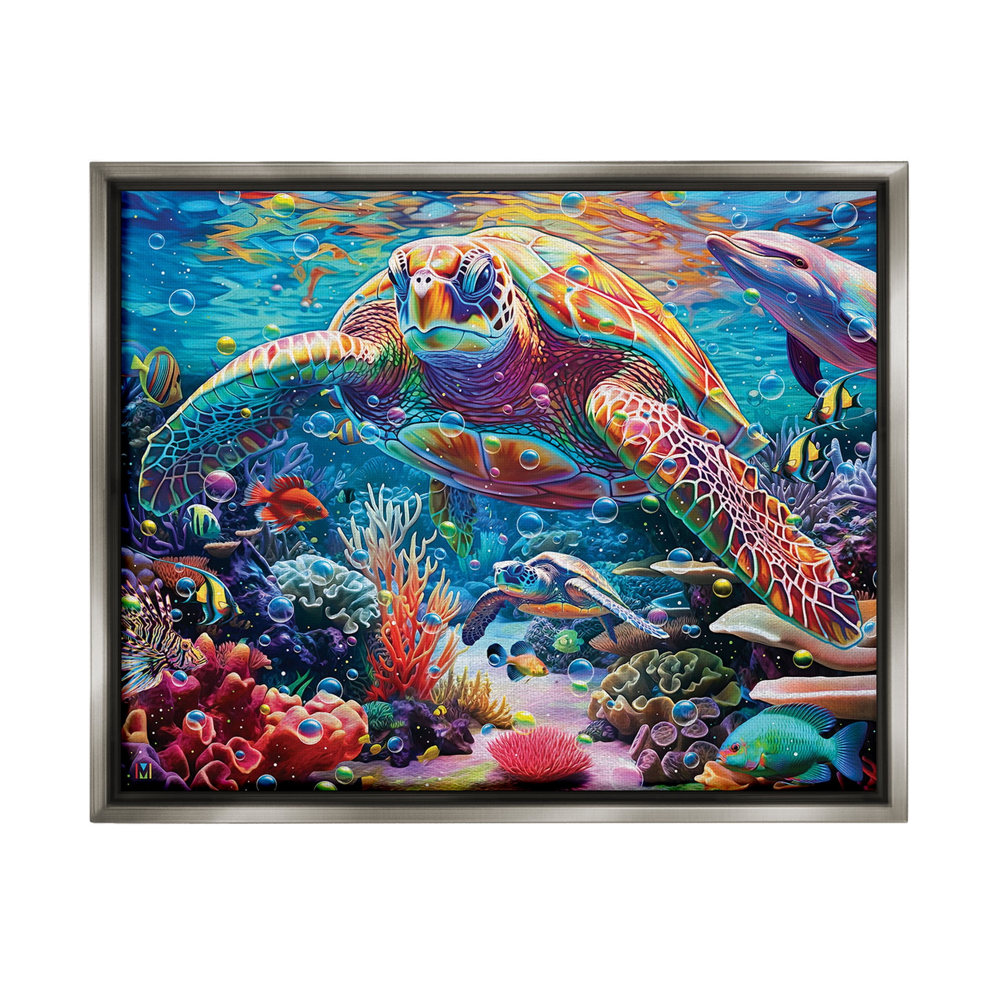 Stupell Industries Vivid Sea Turtle & Reef Animals & Insects Painting Gray Floater Framed Canvas Art Print Wall Art, 31 x 25