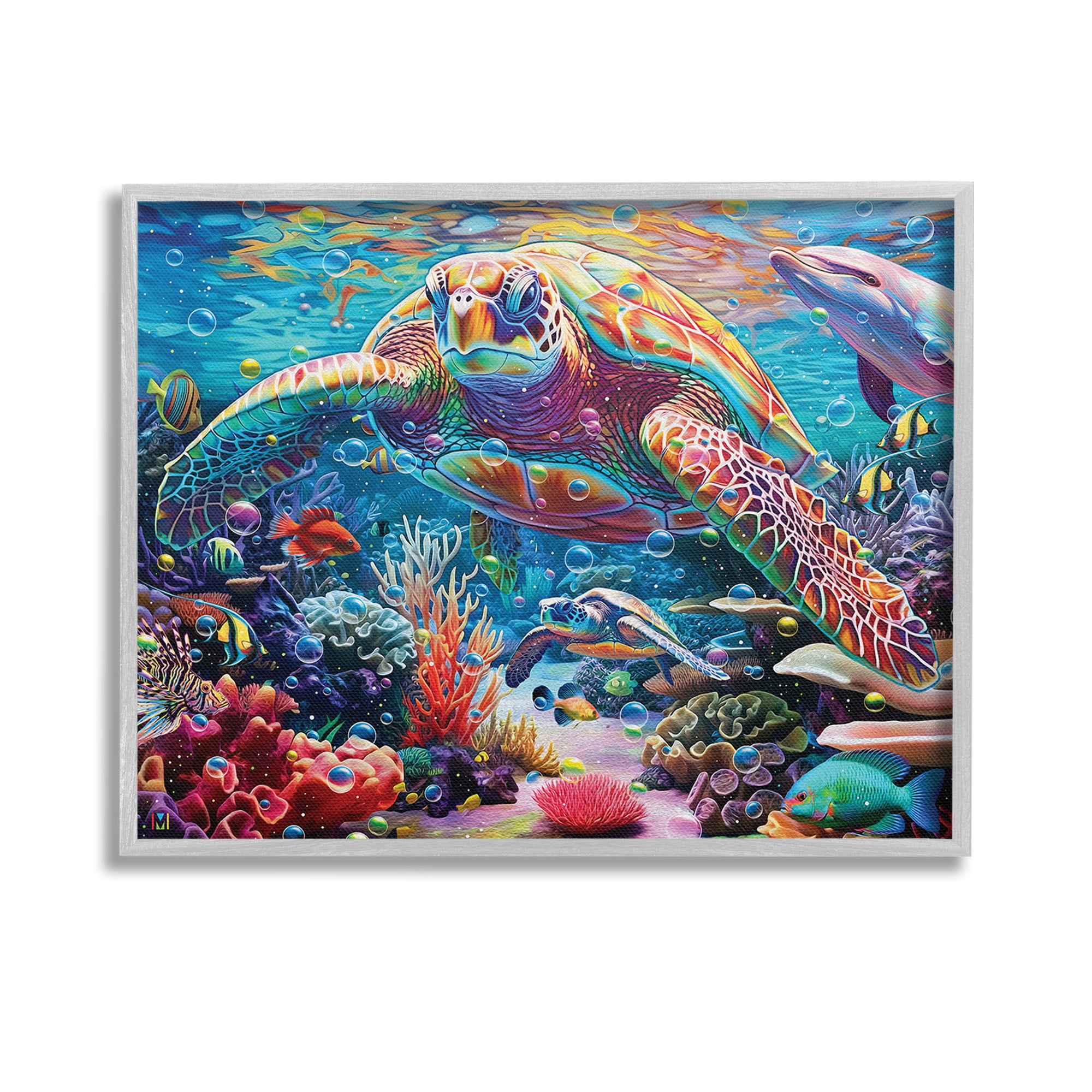 Stupell Industries Vivid Sea Turtle & Reef Animals & Insects Painting Gray Framed Art Print Wall Art, 14 x 11