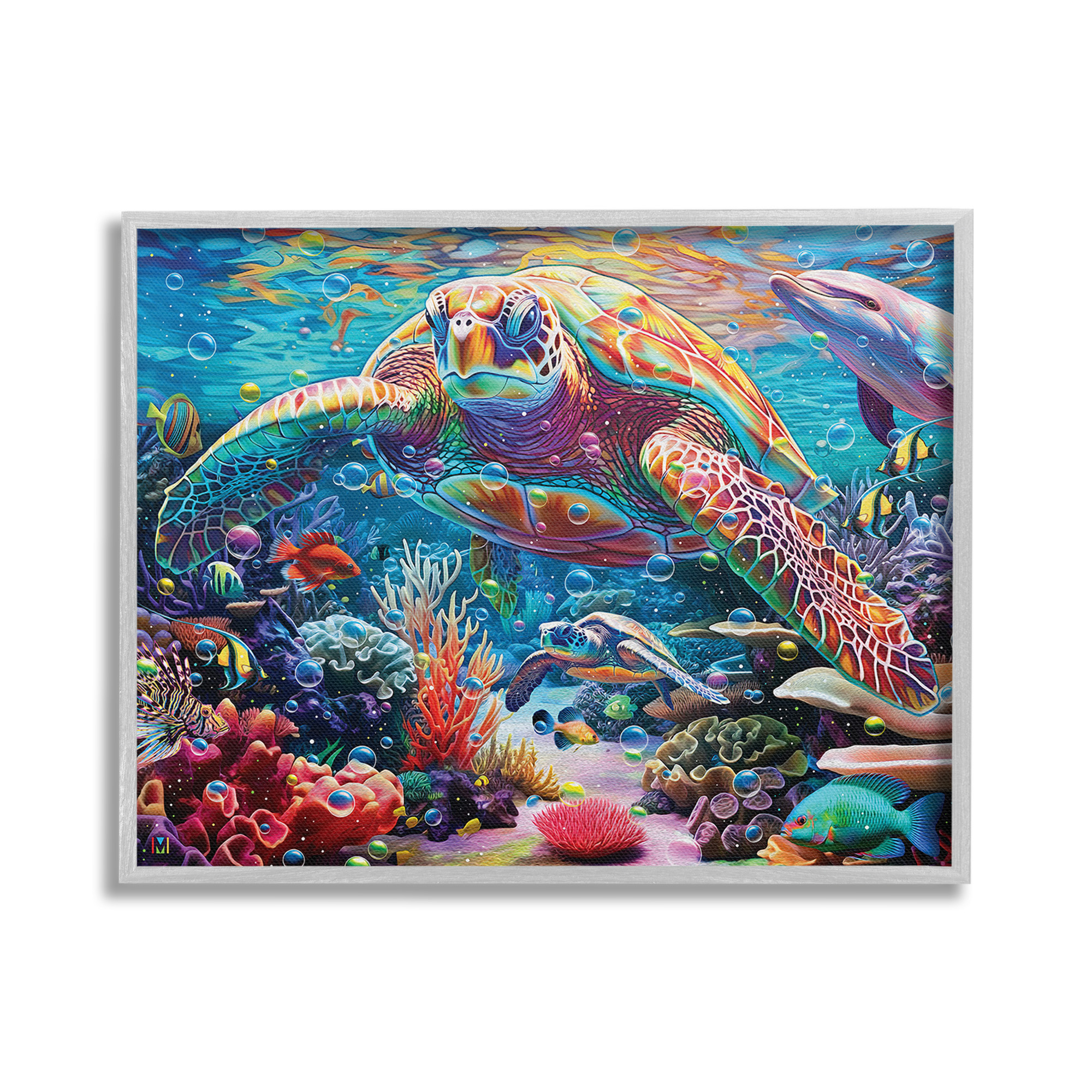 Stupell Industries Vivid Sea Turtle & Reef Animals & Insects Painting Gray Framed Art Print Wall Art, 20 x 16