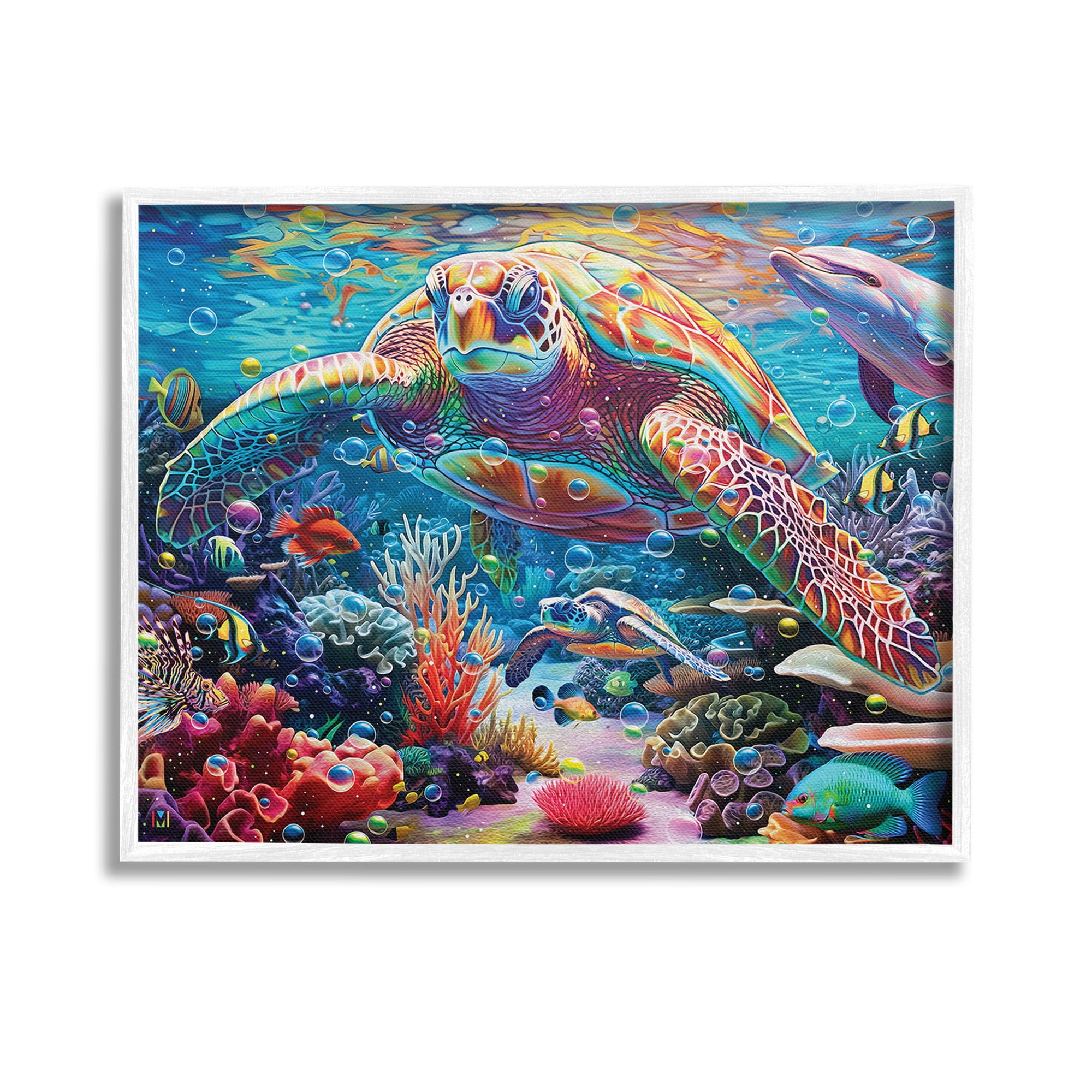 Vivid Sea Turtle and Reef Canvas Print in White Frame, 14 x 11