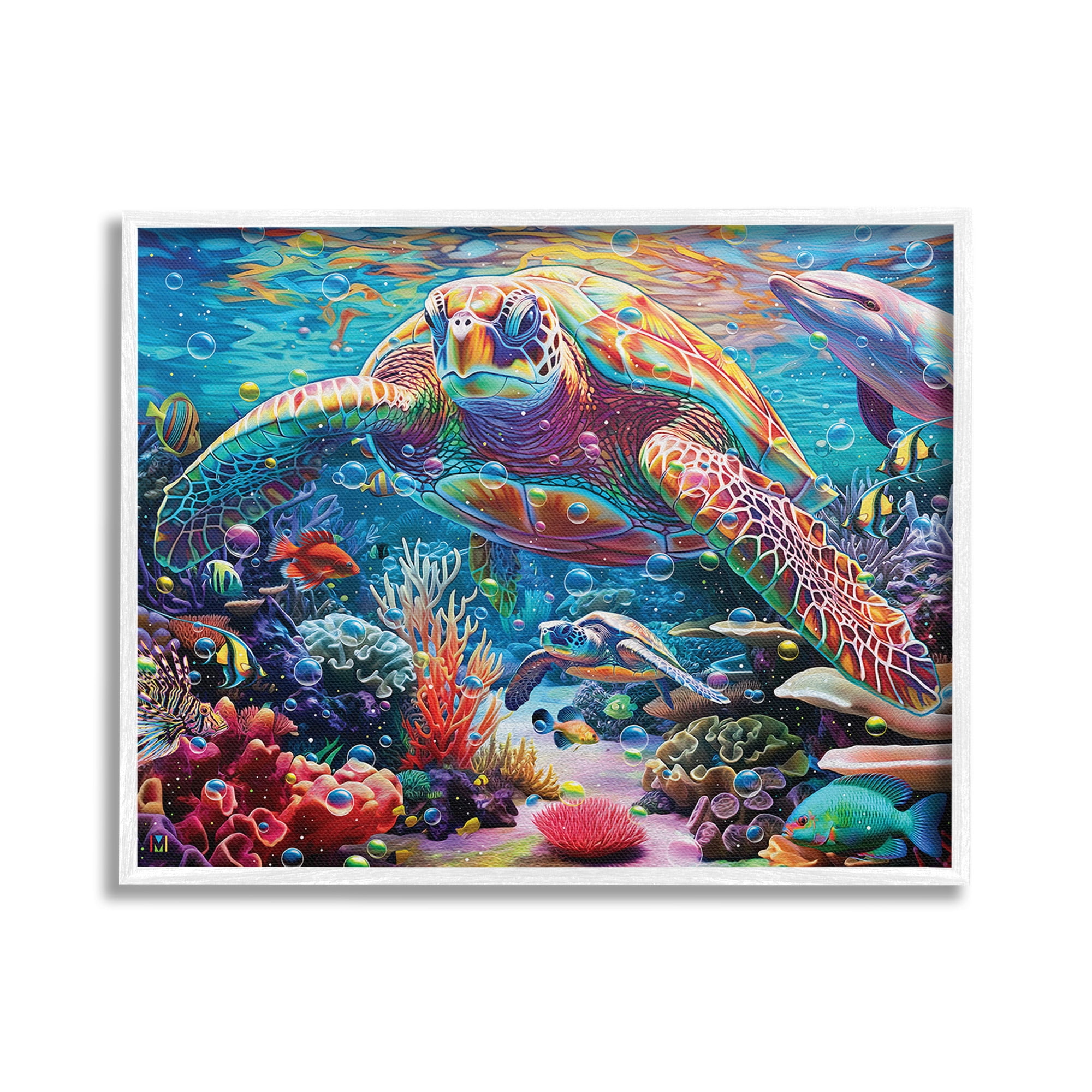 Stupell Industries Vivid Sea Turtle & Reef Animals & Insects Painting White Framed Art Print Wall Art, 20 x 16