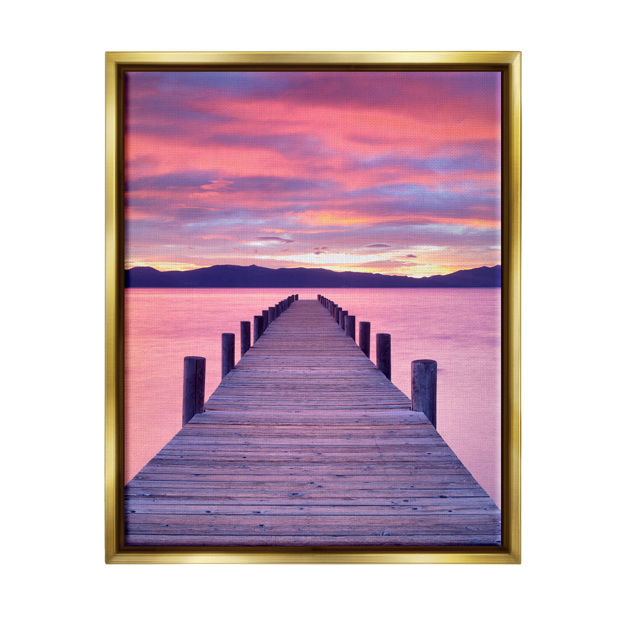 Stupell Industries Vivid Sunset Dock Coastal View Coastal Photography Gold Floater Framed Art Print Wall Art