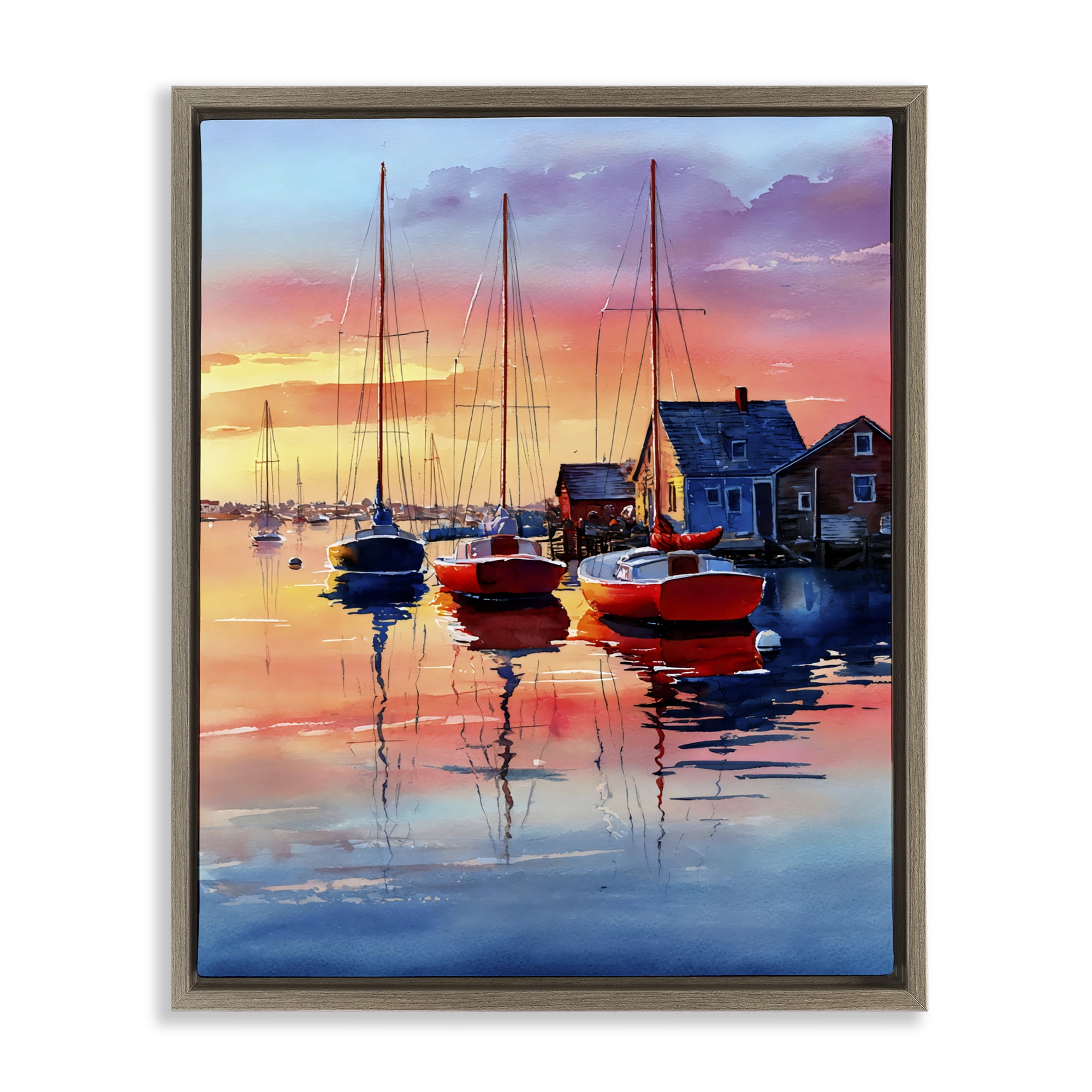 Stupell Industries Vivid Sunset at Docks Brown Framed Floater Canvas Wall Art, design by Franklyn Gregory