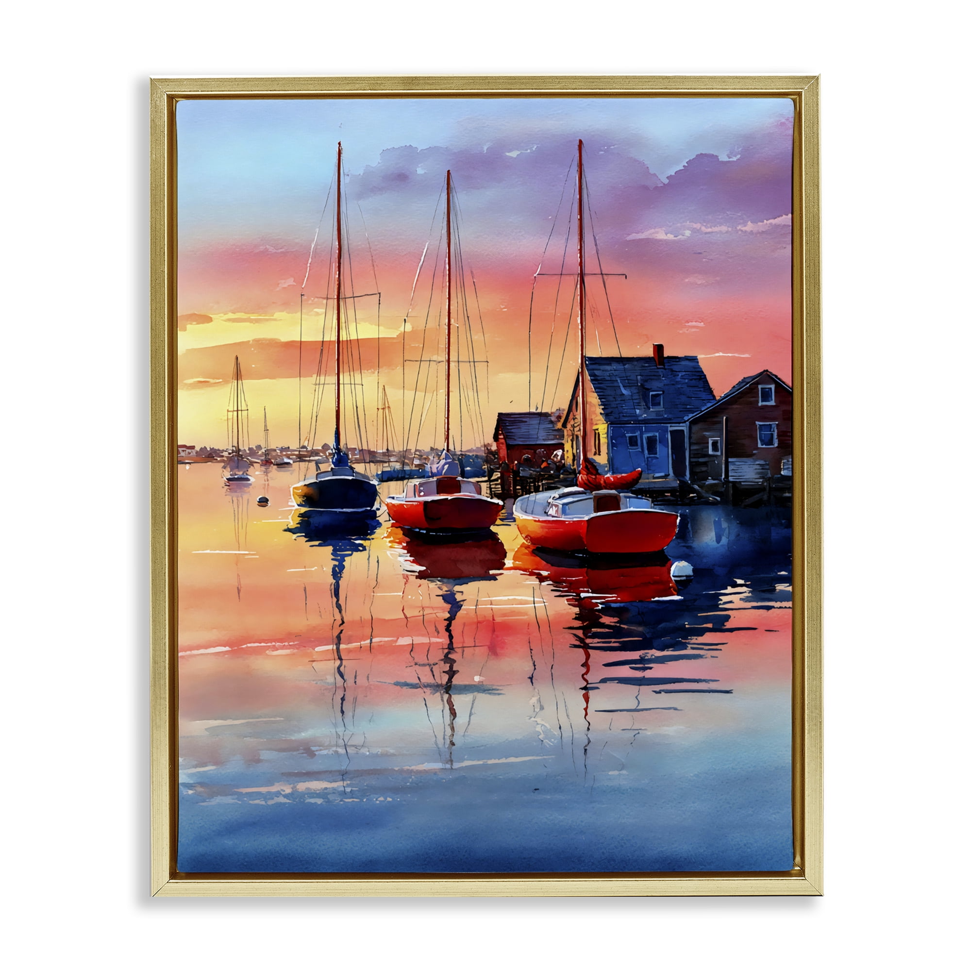Stupell Industries Vivid Sunset at Docks Gold Framed Floater Canvas Wall Art, design by Franklyn Gregory