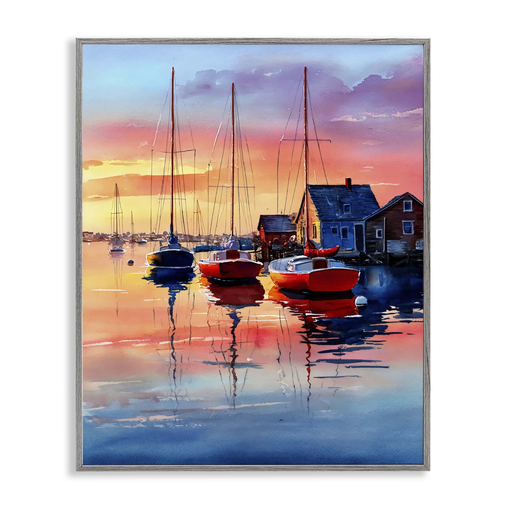 Stupell Industries Vivid Sunset at Docks Gray Framed Giclee Art, design by Franklyn Gregory