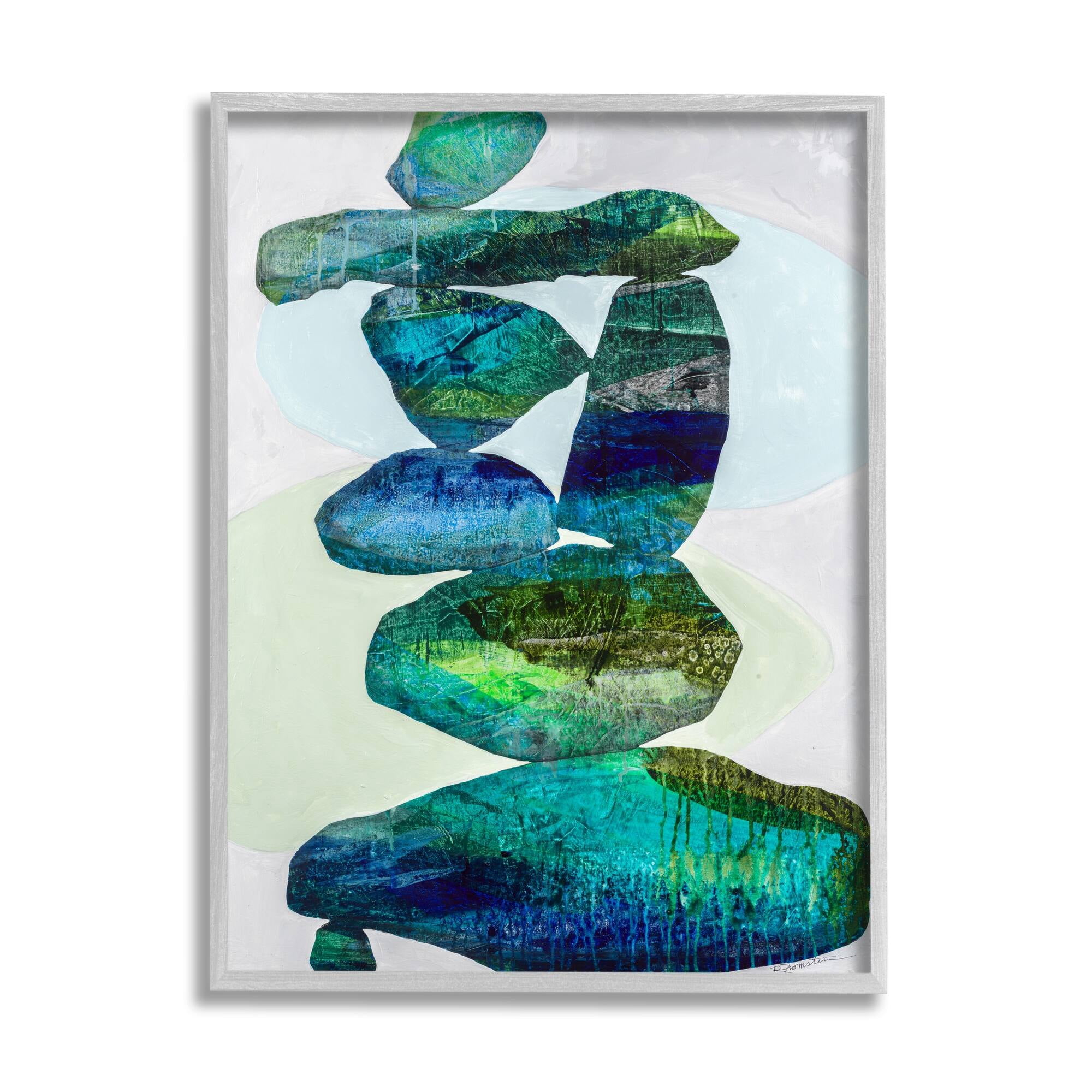 Stupell Industries Vivid Teal Stacked Zen Rocks Abstract Painting Gray Framed Art Print Wall Art