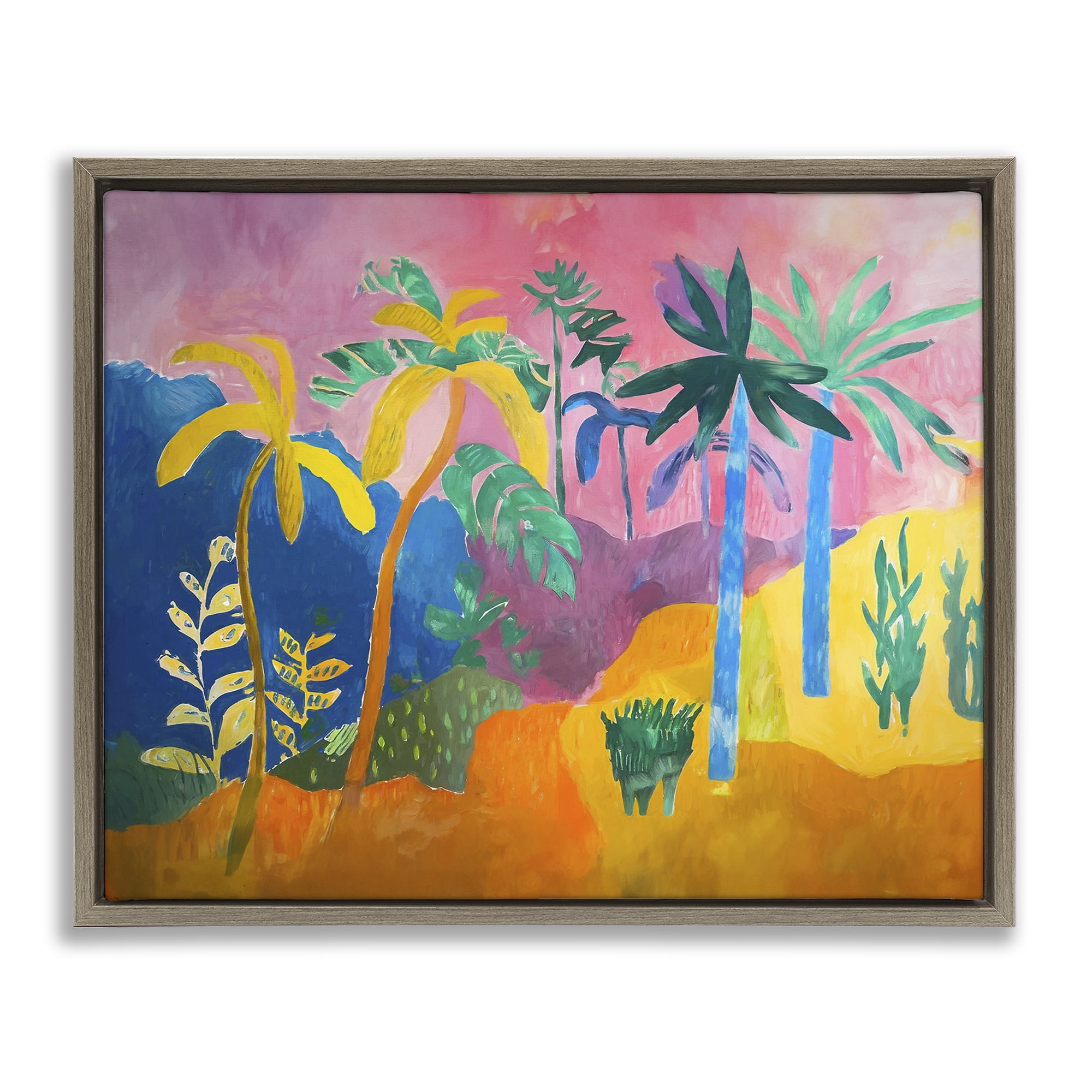 Stupell Industries Vivid Tropical Palms Coastal Painting Brown Floater Framed Canvas Art Print Wall Art, 21 x 17